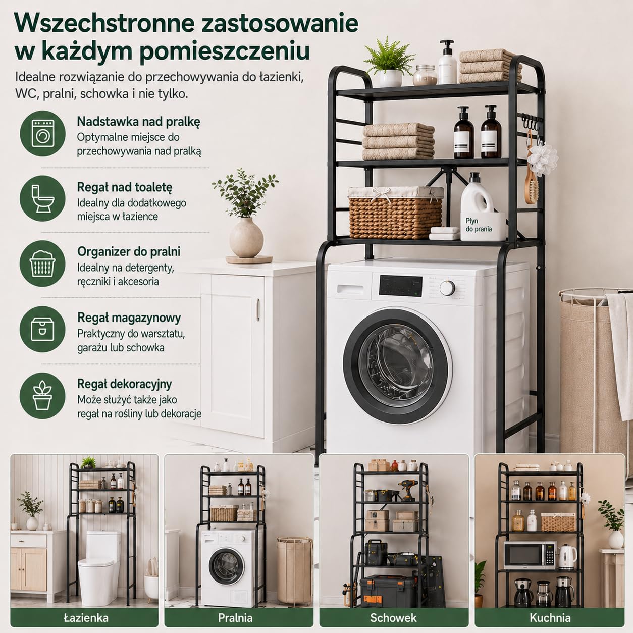 Regał nad Pralkę Metalowy 3 Poziomy, Szafka Regał nad Pralkę z 8 Haczykami, Regulowana Wysokość, Stabilny Organizer do Łazienki WC Pralni, 66x155x49 cm