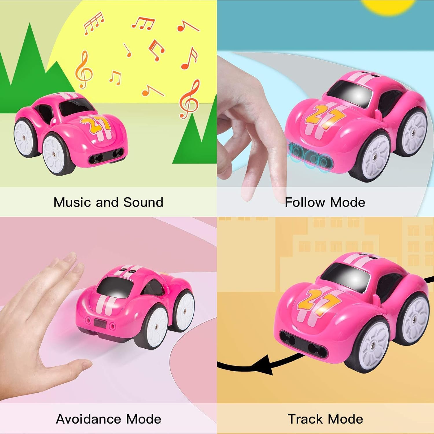 Pihura 2.4GHz RC Cartoon Car for Kids | Auto Follow Track Sensor Mode, Obstacle Avoidance, Music & Lights | Remote Control Toy Car for Best Gift Toddlers Boys Girls (Pink) 4