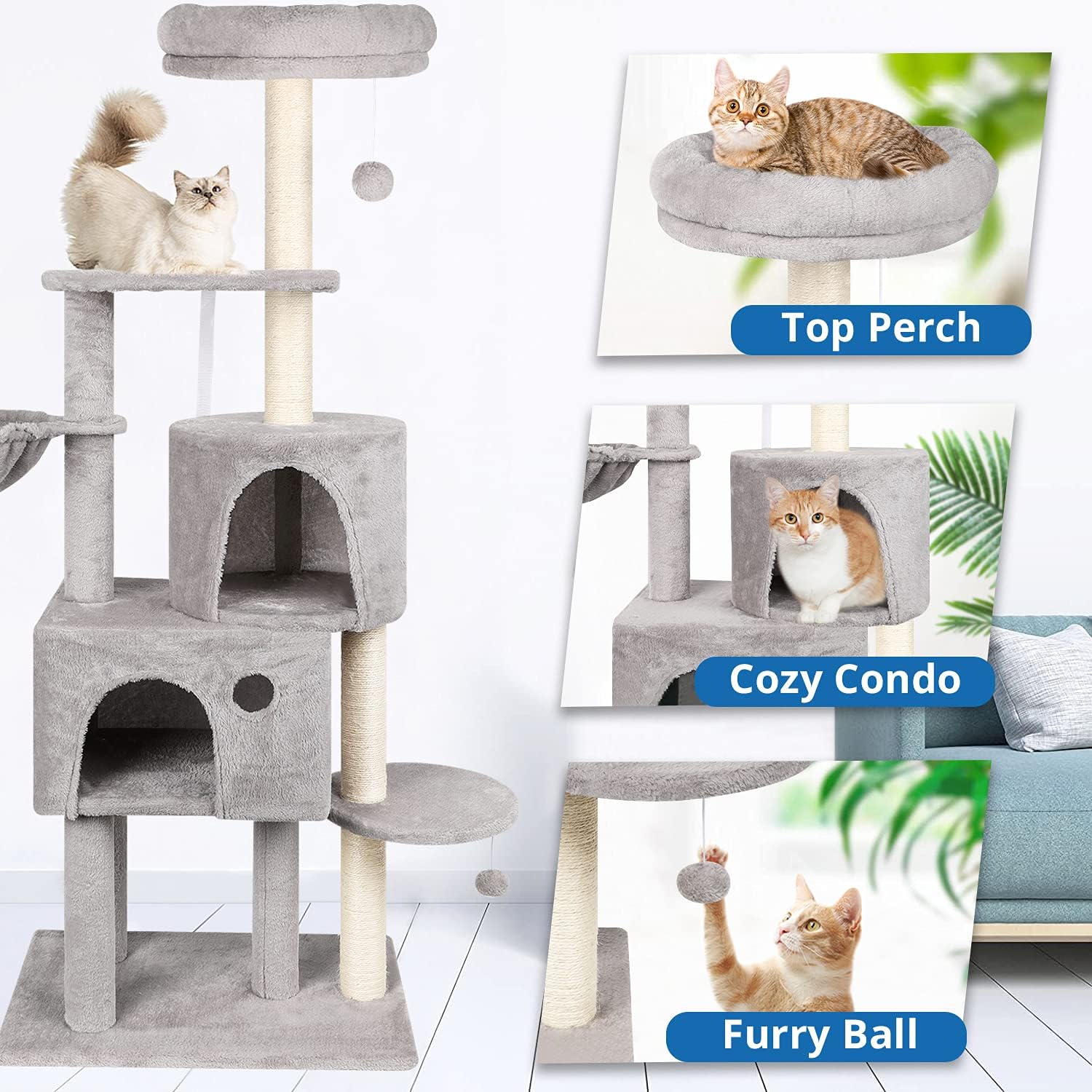59in Cat Tree Tower for Indoor Cats - Tall Cat Climbing Tower with Sisal Cat Scratching Post, Cat Condo, Cat Furniture Activity Playground with Perch and Hammock for Large Cats and Kittens CT-DM-802 : Pet Supplies