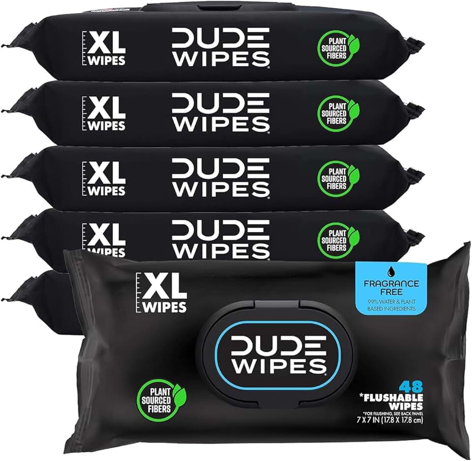 DUDE Wipes Unscented Flushable Wipes - Extra-Large Adult Wet Wipes for Sensitive Skin - 6 Pack (288 Count) - Infused with Vitamin E and Aloe - Septic and Sewer Safe GreenCircle Certified: Certified Environmental Facts Label