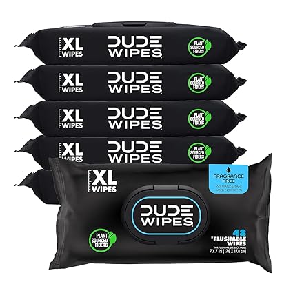 DUDE Wipes Unscented Flushable Wipes - Extra-Large Adult Wet Wipes for Sensitive Skin - 6 Pack (288 Count) - Infused with Vitamin E and Aloe - Septic and Sewer Safe