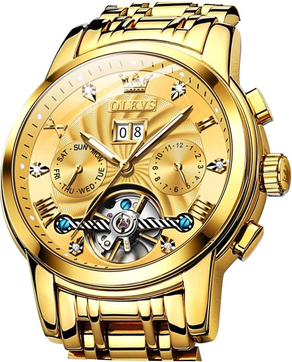OLEVS Orologio da polso da uomo, con strass, automatico, meccanico, a carica automatica, luminoso, impermeabile, Quadrante dorato, 9910