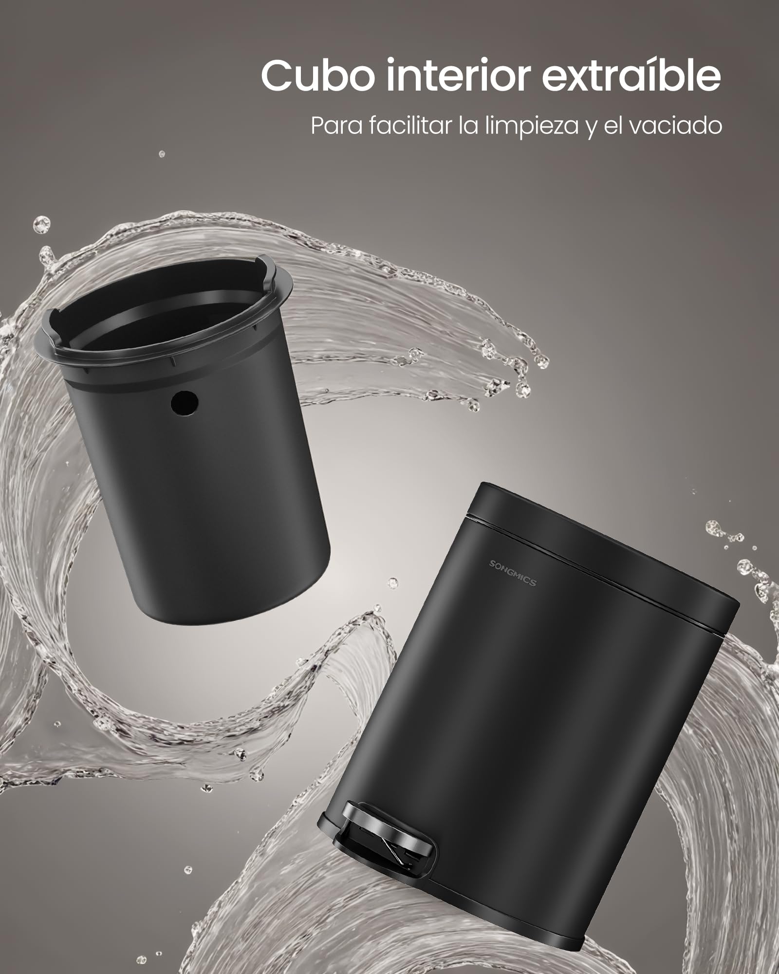 SONGMICS Cubo de Basura de Baño, 6 L, Cubo de Acero con Tapa de Cierre Suave, Cubo Interior, para Residuos, Dormitorio, Negro Tinta LTB016BZ02