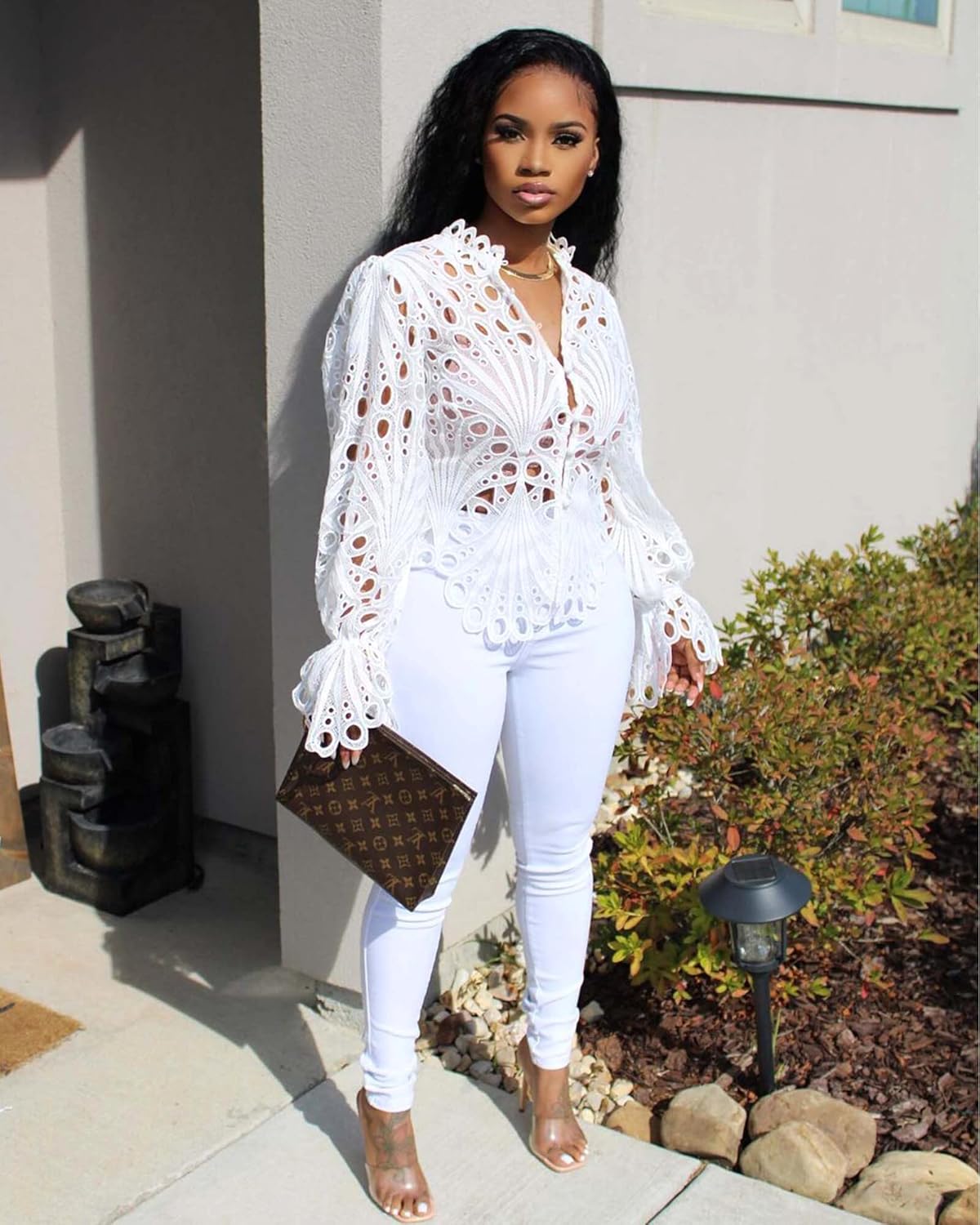 Doweha Women’s Sexy Ruffle Long Sleeve Summer Lace Tops 2025 Puff Flare Shirt V Neck Hollow Out Button Down Tunic Blouses - Image 3