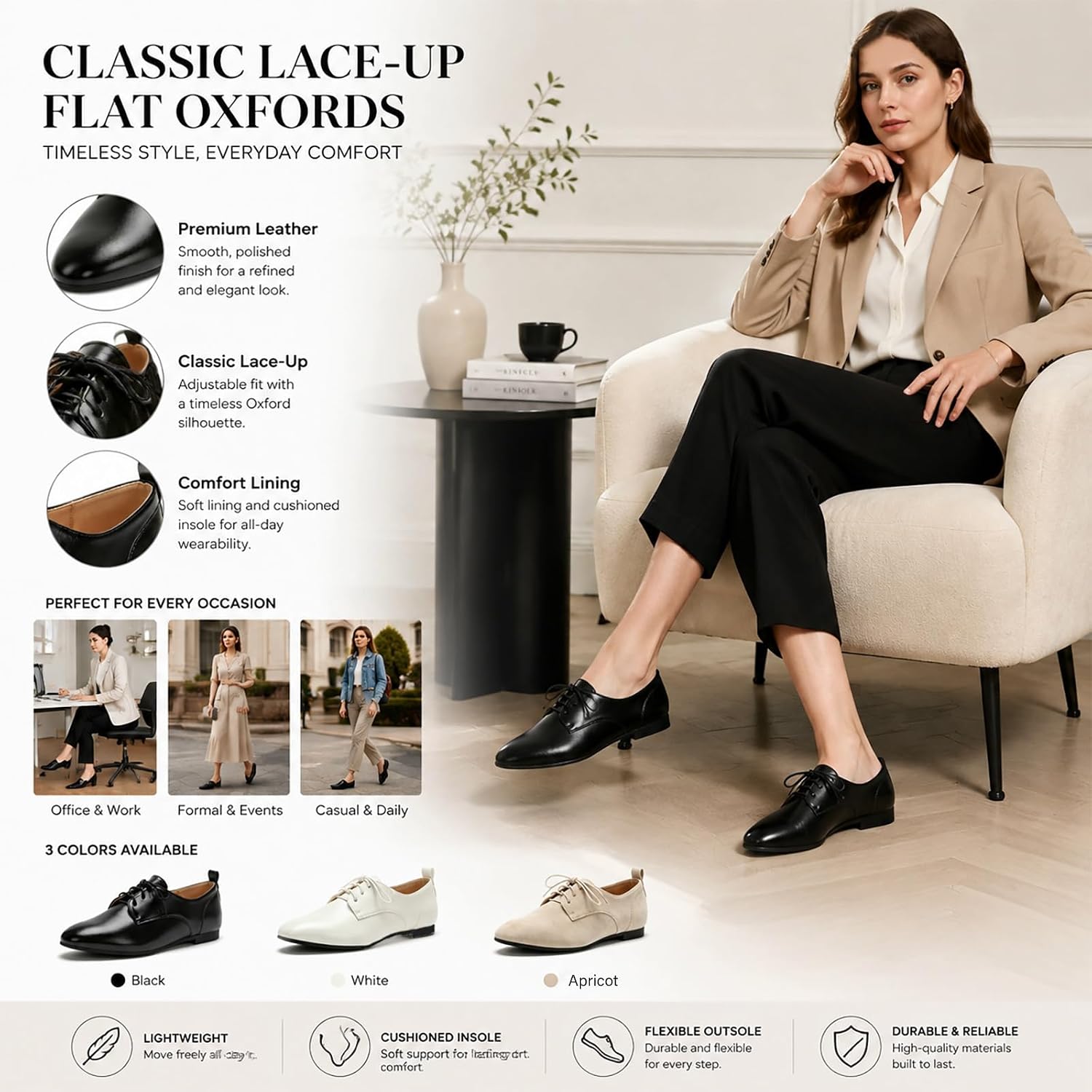 Women's Polished Pu Classic Flat Oxfords Modern Low Top Non Slip Soft Sole Lace Up Dress Flat Shoes Comfortable Pointed Toe Business Formal Work Shoes