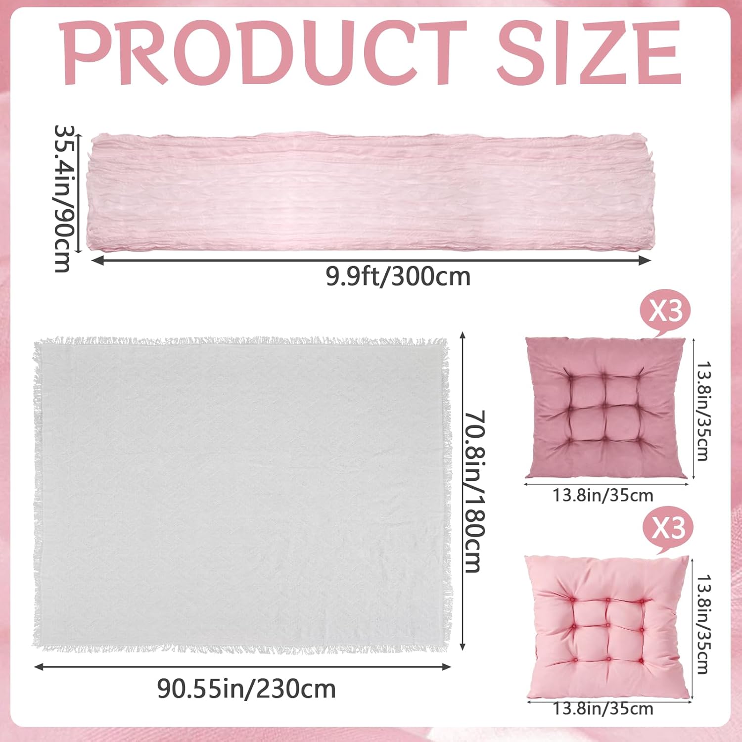 90 x 70.8 Extra Large Outdoor Boho Picnic Blanket with Pink Table Runner and 6 Throw Floor Pillow Cushion Woven Cotton Yarn Beach Blanket for Picnic Wedding Birthday Baby Shower Backyard Decor