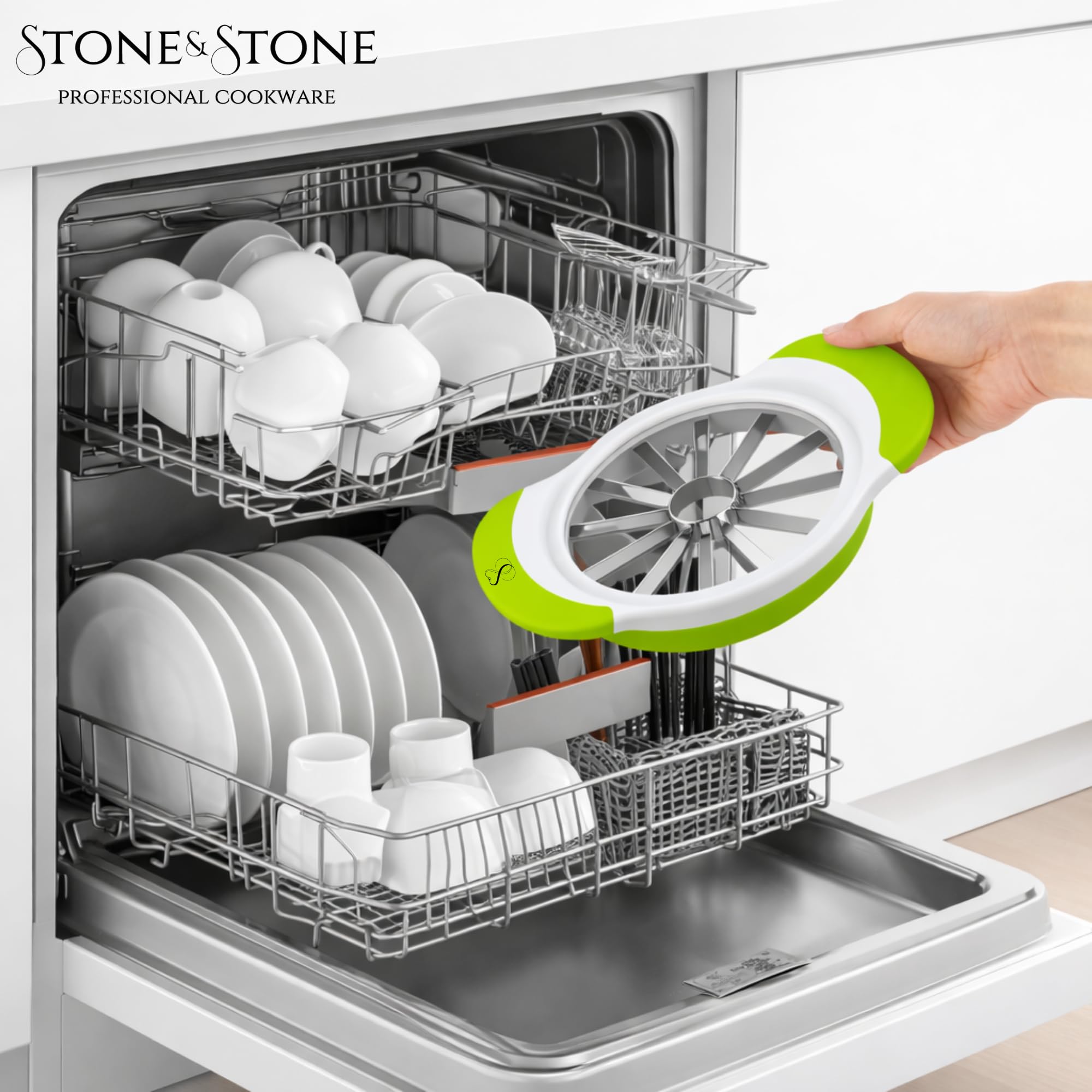 Stone&Stone Coupe Pomme Inox Professionnel avec 8 Lames Acier Inoxydable | Éplucheur de Pomme avec Levier Anti Trognon | Design Ergonomique ABS Sans BPA | Trancheuse à Fruits pour 8 Morceaux Parfaits