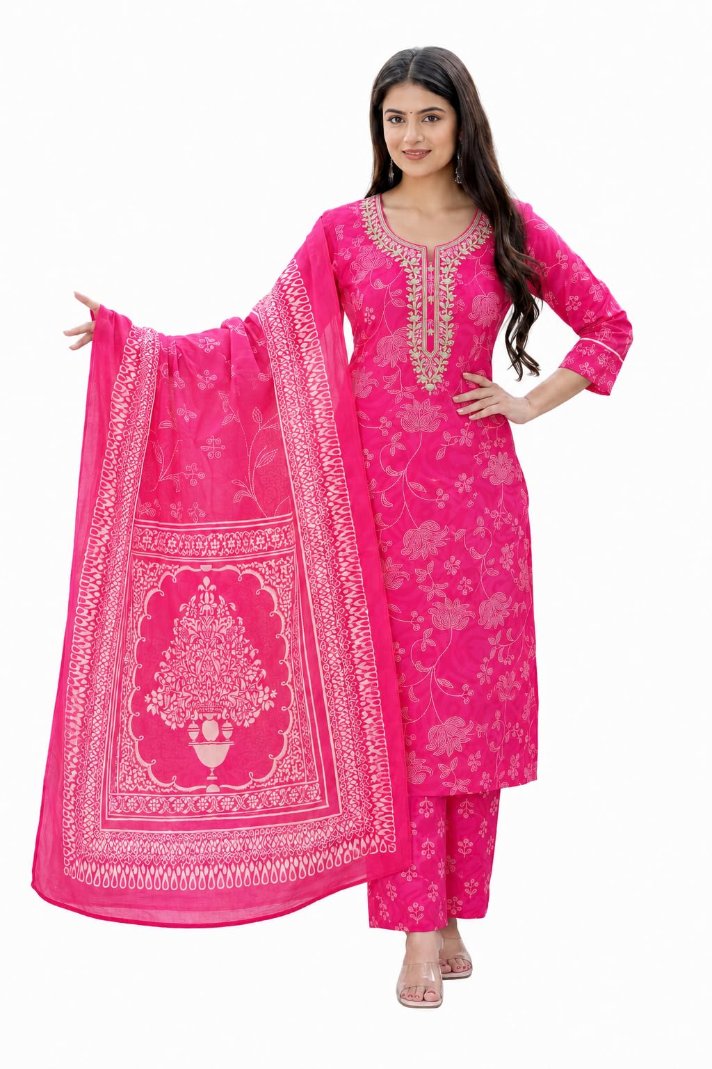 GlameurGirl Rani Pink Unstitched Suit for Women | Cotton Blend Floral Print Suit with Embroidered Neck Design, Pink Salwar & Dupatta Dress Material-picture-37