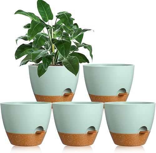 5 macetas de plástico con riego automático, macetas decorativas para plantas de interior con agujeros de drenaje, depósito de platillos para jardín