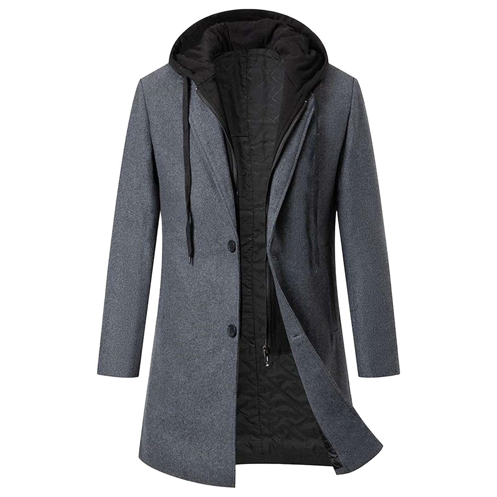 Gabardina larga térmica acolchada con capucha para hombre, ajuste delgado, grueso, resistente al viento, abrigo de guisante de un solo botonadura