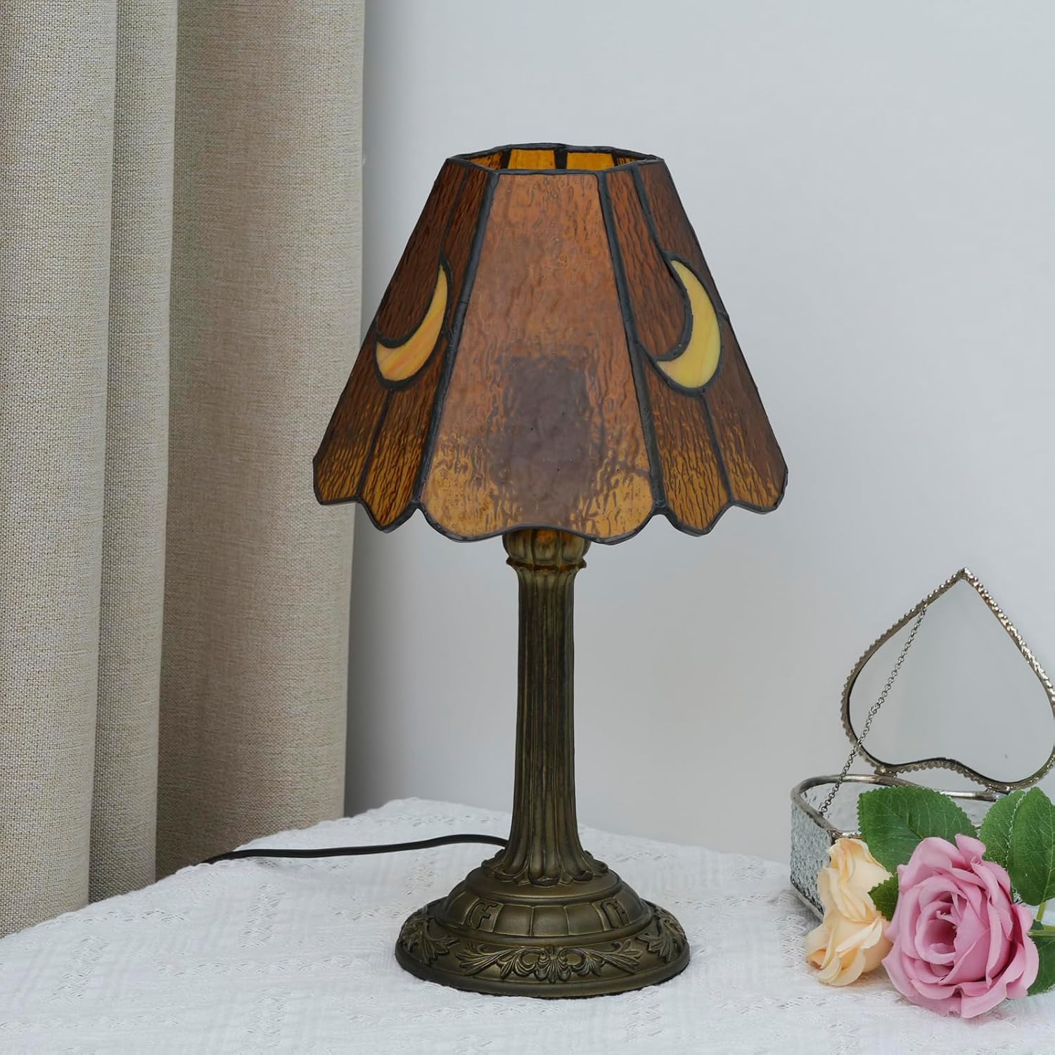 Tiffany Table Lamps, 7.5 Inch Dark Brown Moon Style Stained Glass Lamp Handmade Vintage Art Home Decor Reading Desk Lamps for Bedside Bedroom Living Room Office