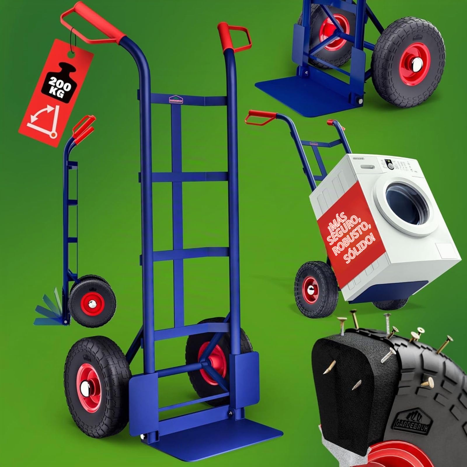 DASCK Carro de Carga 200 kg con Ruedas Neumáticas – Carretilla Industrial de Acero Reforzado con Plataforma 35x18 cm y Empuñaduras Ergonómicas Antideslizantes