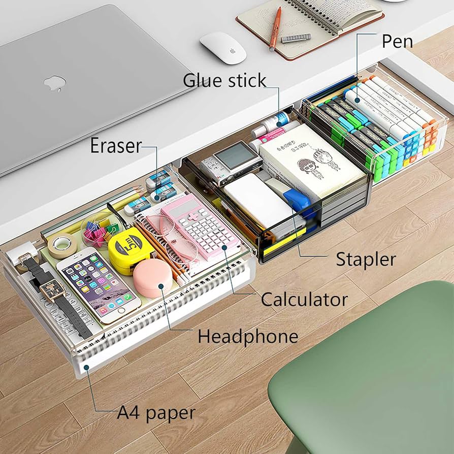 Konnectu2122 Under Desk Drawer, Self-Adhesive Slide Out Storage Organizer 4 Customizable Dividers 2 Pack White