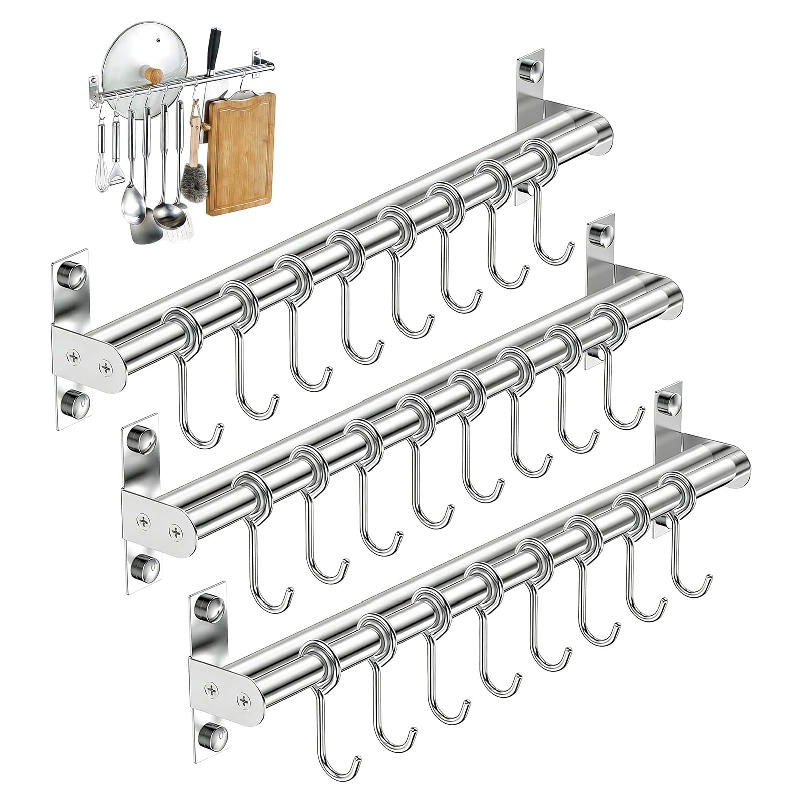 UOSIWYA 3 Pcs Kitchen Rail, 40cm Utensil Rack with 24 Hooks Wall Mounted Stainless Steel Hanging Rail Kitchen Organizer Utensil Holder for Lid Spoons Knives Pot Pan (Double Bar Silver)