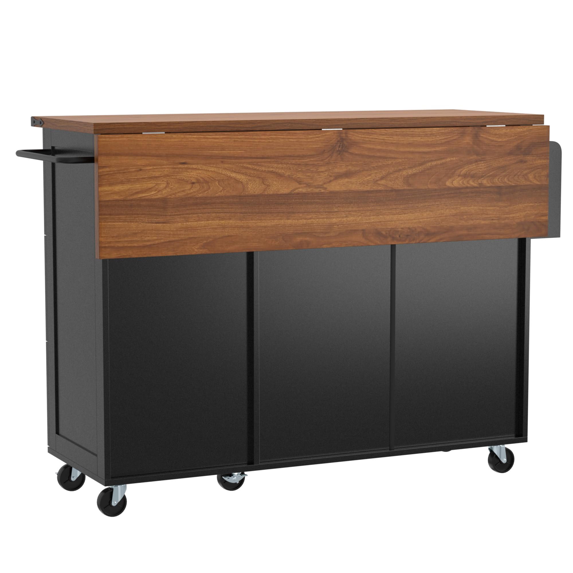 Isola da cucina, carrello da portata con piano di lavoro estraibile, mobile da cucina, carrello da cucina con venature del legno, carrello da pranzo con due ante e tre cassetti (nero)