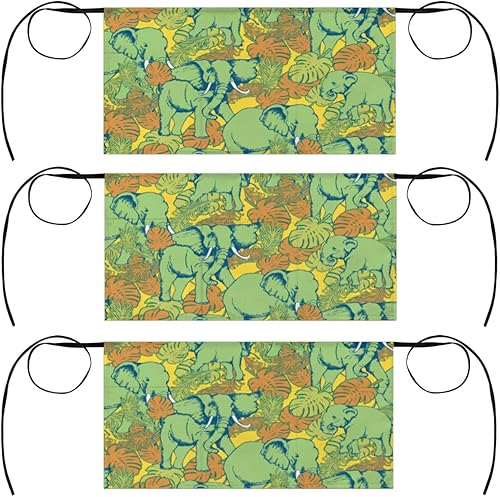 Abstract Tropical Elephant 3 Pack Server Aprons with 3 Pocket Waterproof Womens Half Waist Aprons for Cooking Dishwashing Kitchen Gardening Salon