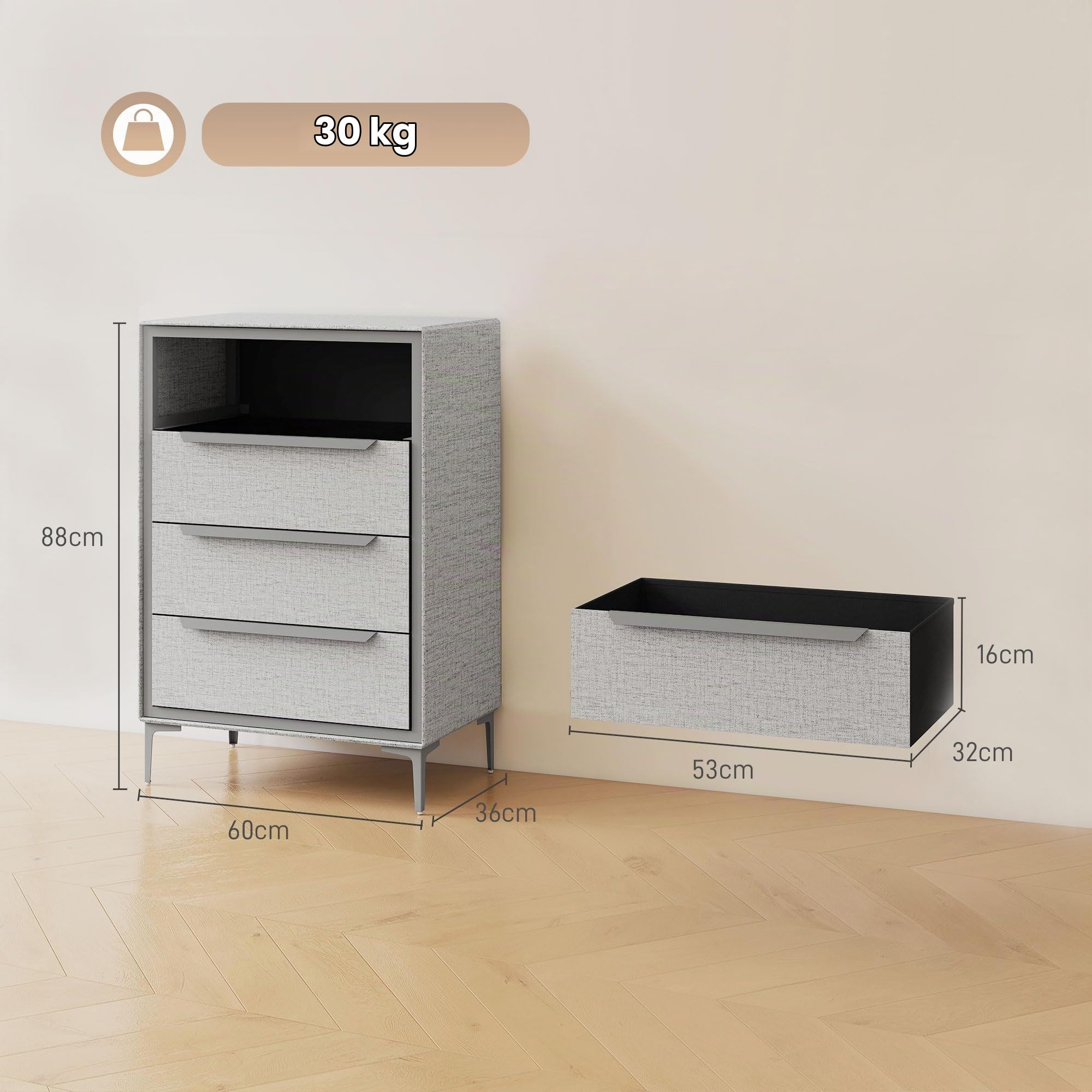 HOMCOM Cassettiera 4 Cassetti in Tessuto Effetto Lino 60x36x88 cm Grigio | Cassettiera Camera da Letto, Elegante e Moderna, Struttura in Acciaio, per Ingresso e Soggiorno