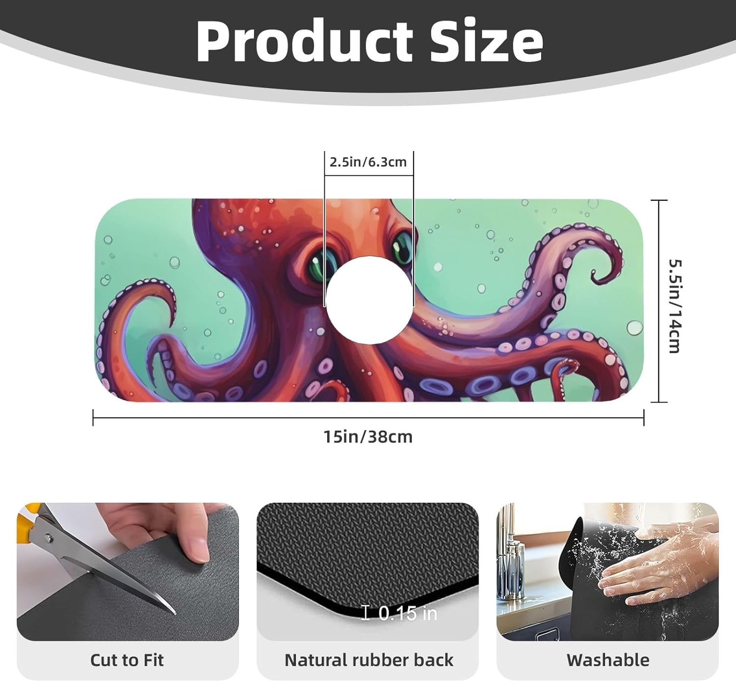Faucet Mat for Kitchen Sink, Super Absorbent Sink Splash Guard, Fast Drying Mat Cute Octopus Sink Gadgets Splash Guard Behind Faucet Drip Catcher for Bathroom, 15"x 5.5" image 2