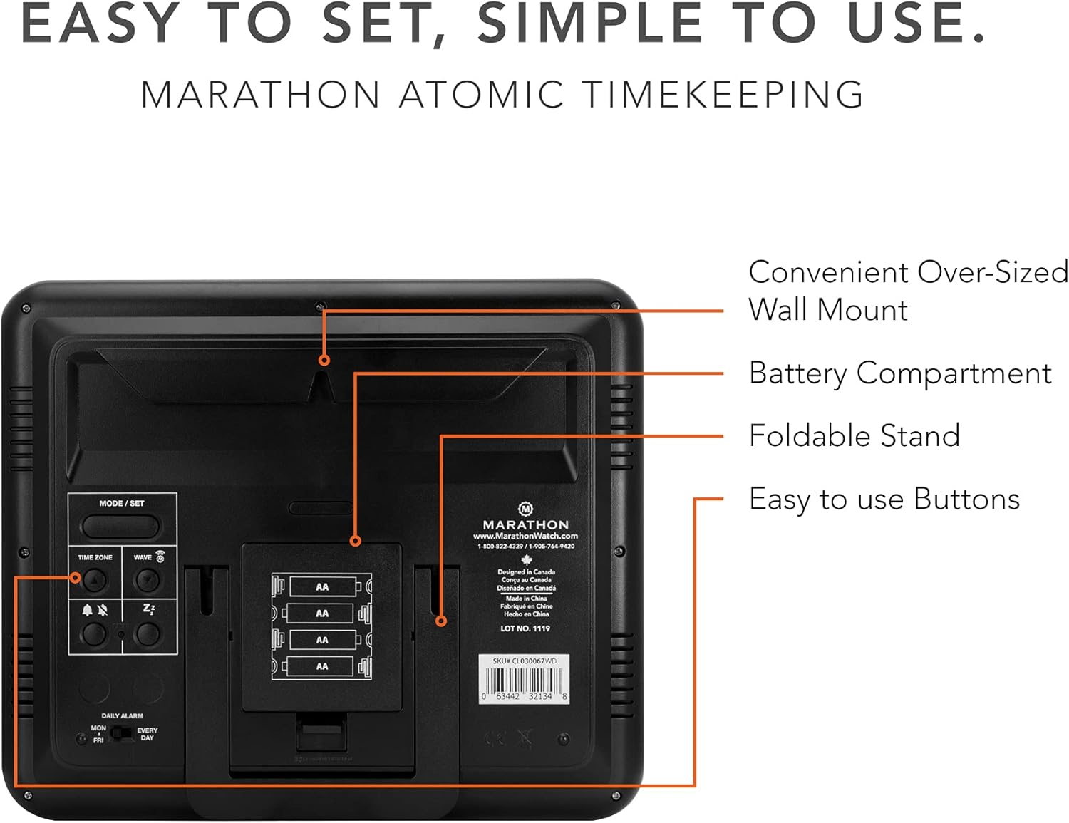Back of the Marathon Slim Jumbo Atomic Wall Clock showing battery compartment, fold-out stand, and control buttons.