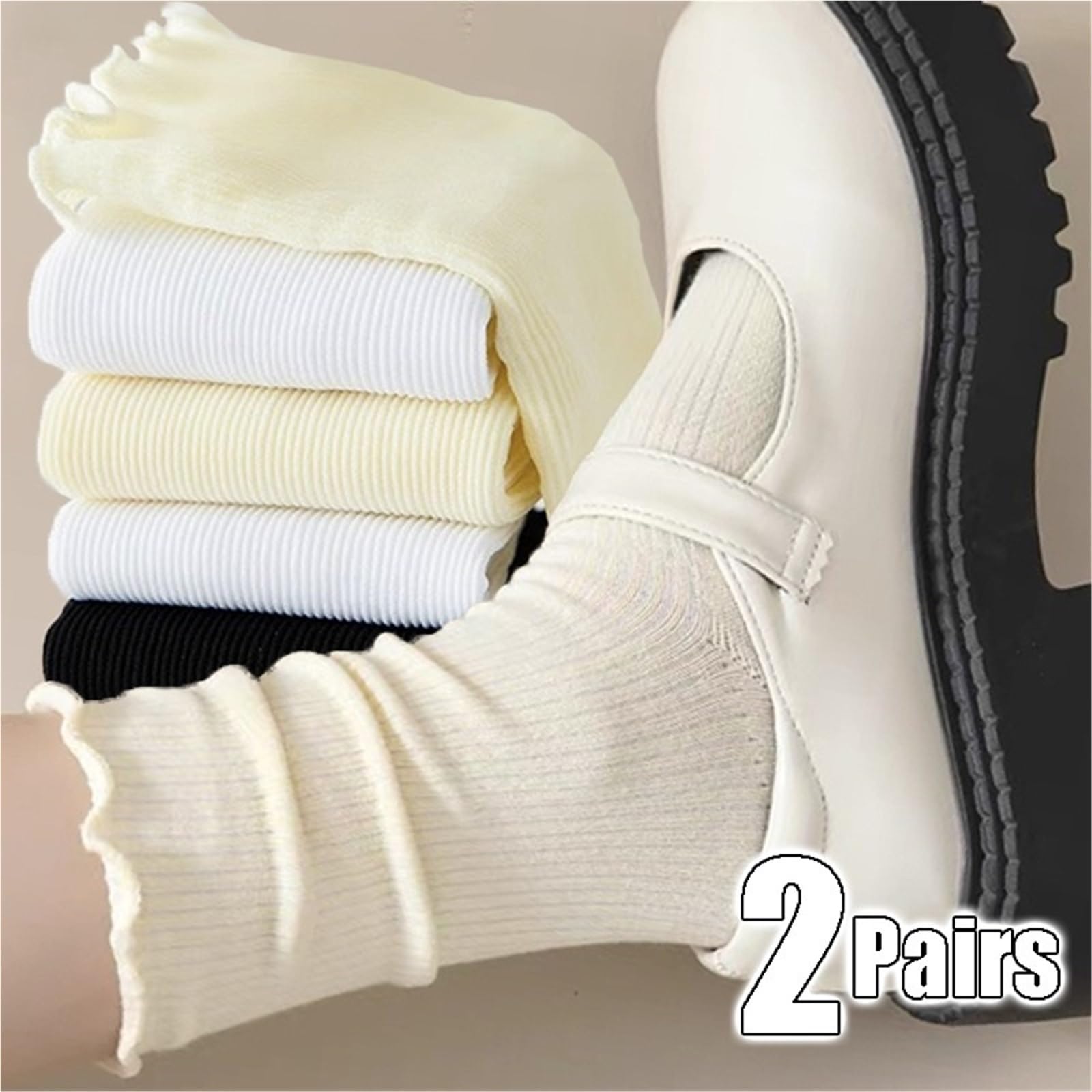 Calzini Donna Corti Set di Due Pezzi di Calze plissettate Tinta Unita da Donna, Calze di Media Lunghezza, CALZINO Donna(Black White)