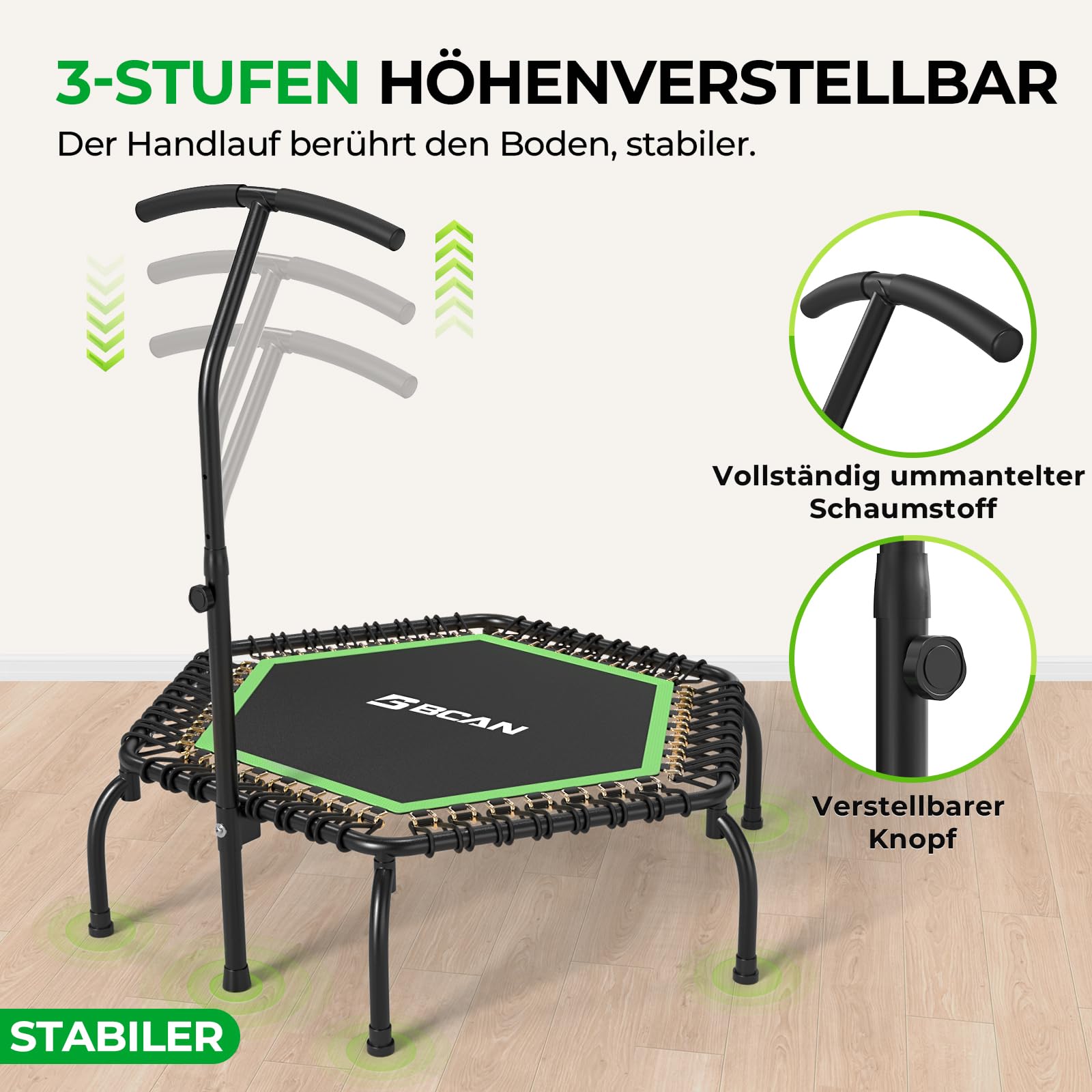 BCAN Fitness Trampolin Indoor Ø 122/130 cm, Trampolin Erwachsene bis 250 kg, Bodentrampolin mit verstellbarem T-Griff & 42 Gummiseilen, Leise & vibrationsarm