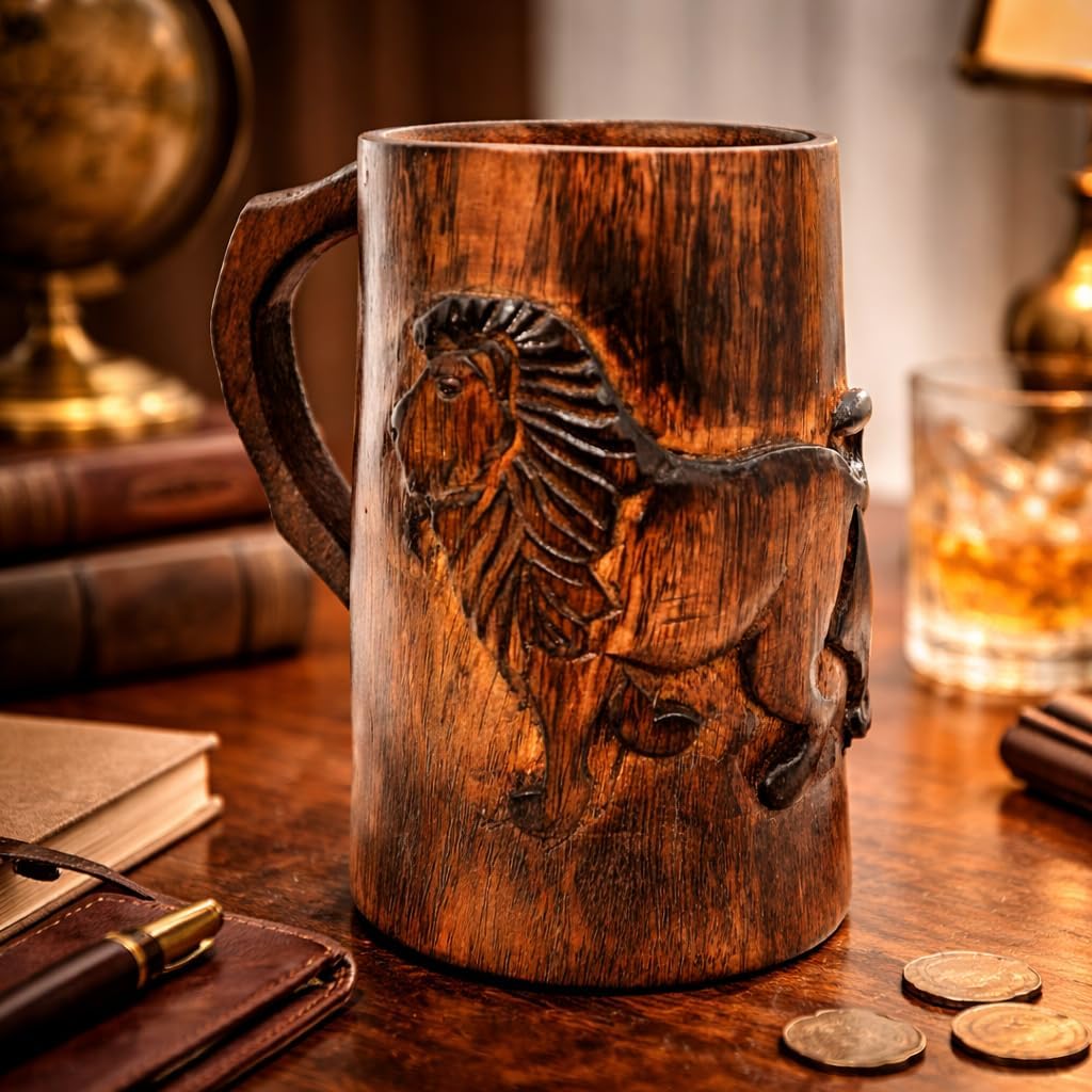 collectiblesBuy Hand-carved Antique Brown Lion Design Wooden Coffee Mug Rustic Tankard with Handle for Tea Wine Beer Ideal for Men Camping Travel Outdoor Use