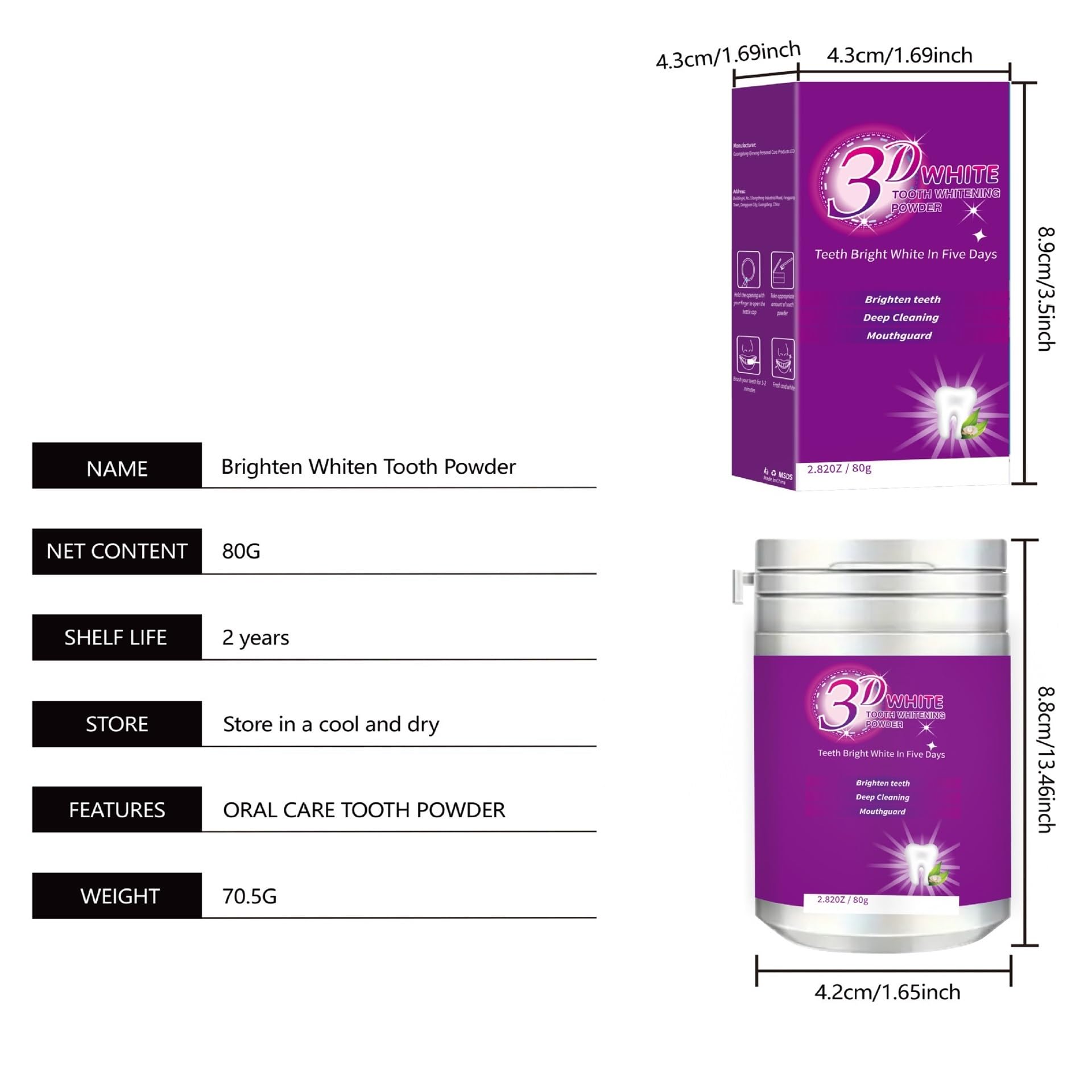 Polvo de limpieza dental for cuidado bucal 80 g | Elimina manchas de café y té, limpia la suciedad superficial de los dientes y refresca el aliento.(3pcs)
