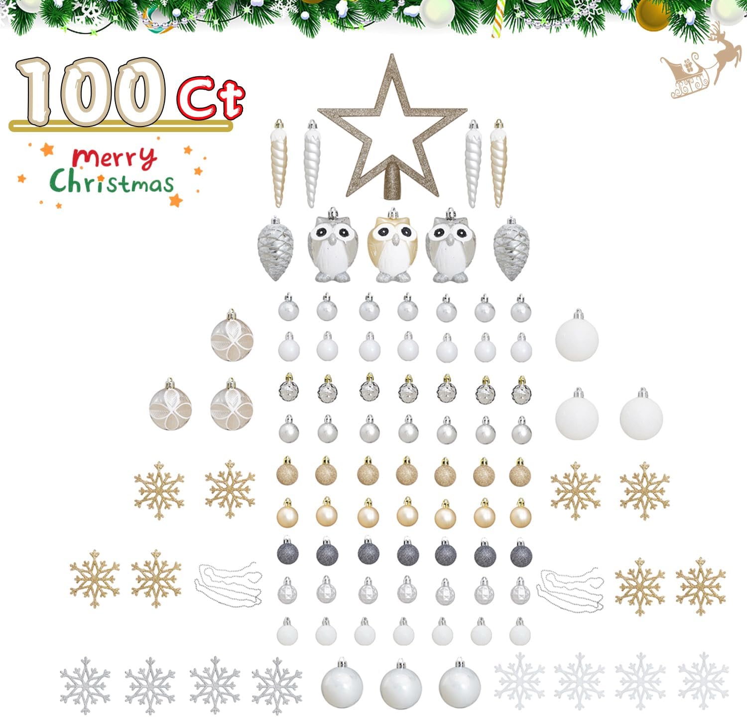 Christmas Tree Ball Ornament Set, 100 ct Gold-Silver Owl Theme Xmas Ornaments, Shatterproof Decorative Hanging Assorted Ornaments for Holiday Party Decor Tree Ornament and Events - Image 6