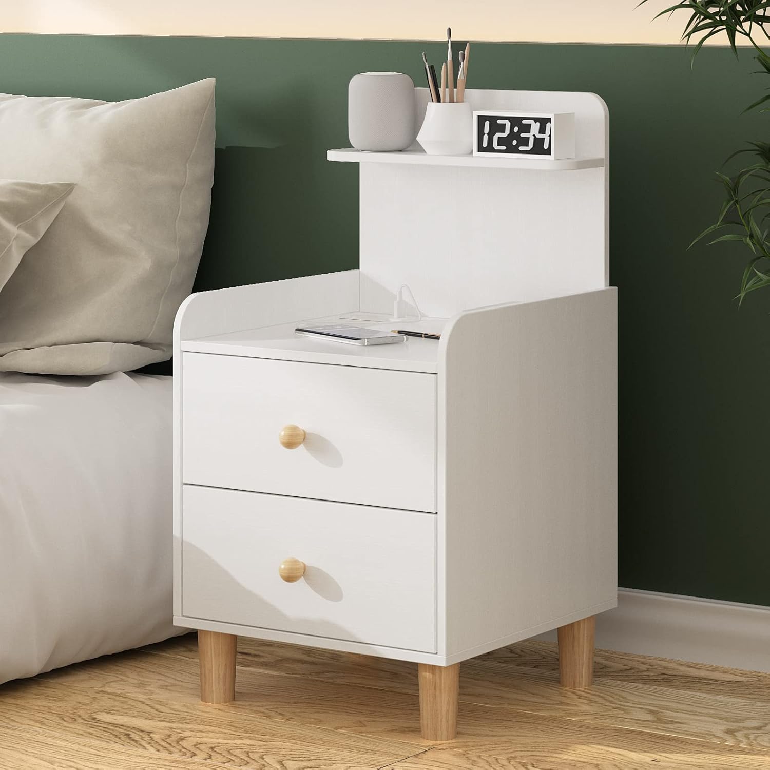 Small Nightstand with Charging Station,Mid Century White