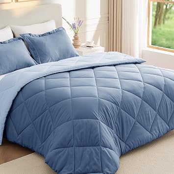 JOLLYVOGUE Full Comforter Sets, Ultra Soft Reversible Bedding for All Seasons, 3 Pieces Down Alternative Bed Set Includes 1 Lightweight Comforter and 2 Pillow Shams, Blue/Light Blue