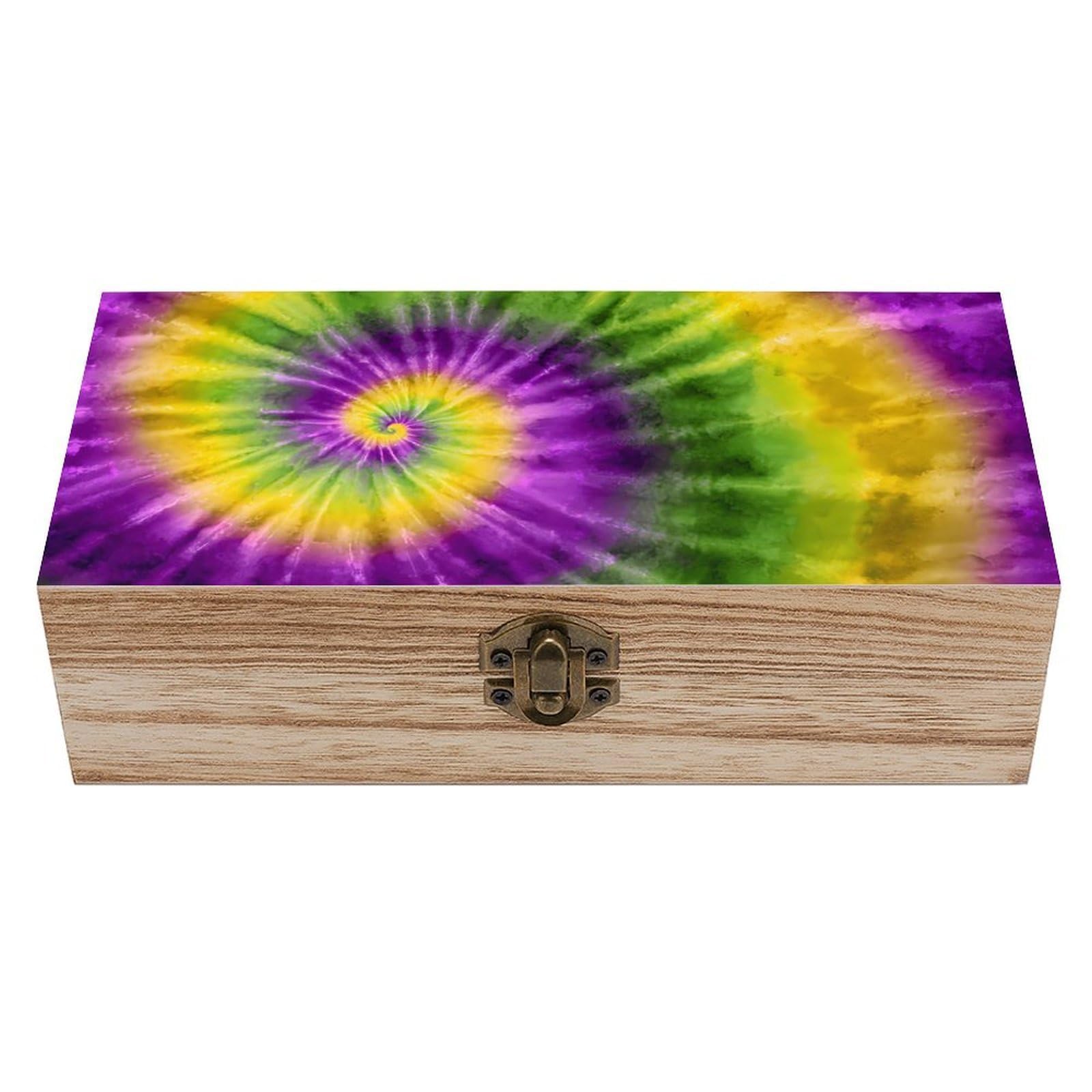 HLBSDM Mardi And Gras Tie Dye Wooden Box with Hinged Lid Decorative Storage Case Container
