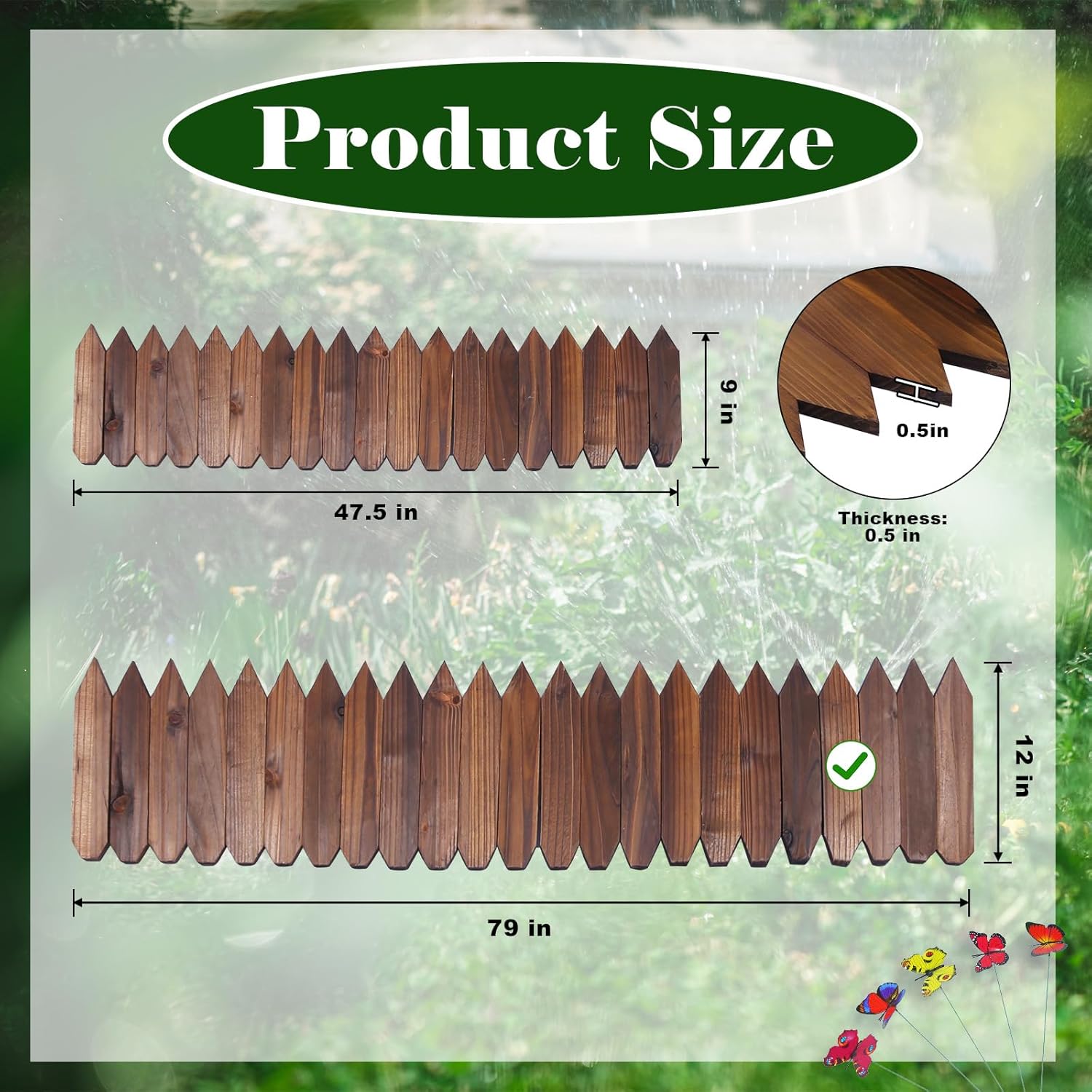 Wooden Fence Garden Edge Landscape Wooden Gardening DIY Edging with 5 Butterflies Environmentally Friendly Solid Wood for Flower Bed Lawns Farm- 12'' H x 6.6 Ft L (1 Pack)