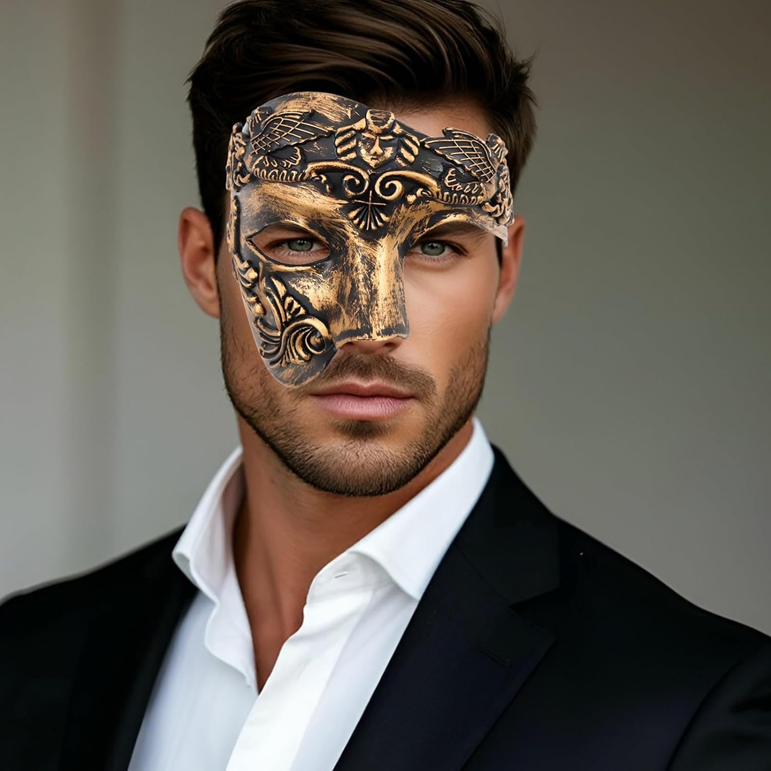 JOYFISCO Masquerade Mask for Men Vintage Half Face Roman Warrior Phantom Of The Opera Mask for Halloween Mardi Gras Prom Ball