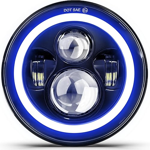 MGLLIGHT DOT - Faro delantero LED de 7 pulgadas para motocicleta, halo azul, luz altabaja, proyector LED para motocicleta, luz de ojos de ángel, JK