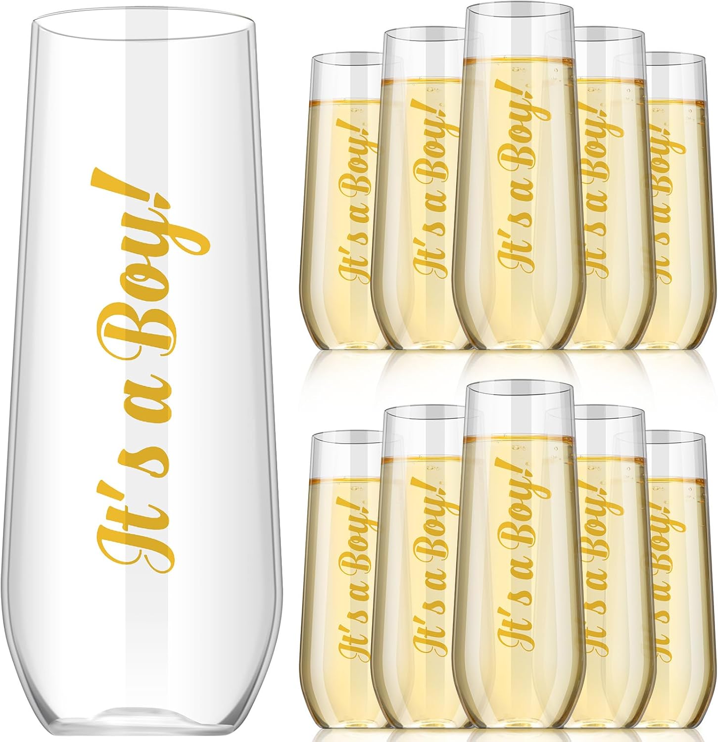 Maxcheck 24 Pcs Baby Shower Plastic Champagne Flutes Disposable Champagne Stemless Glasses Cups for gender reveal party Supplies(Boy)