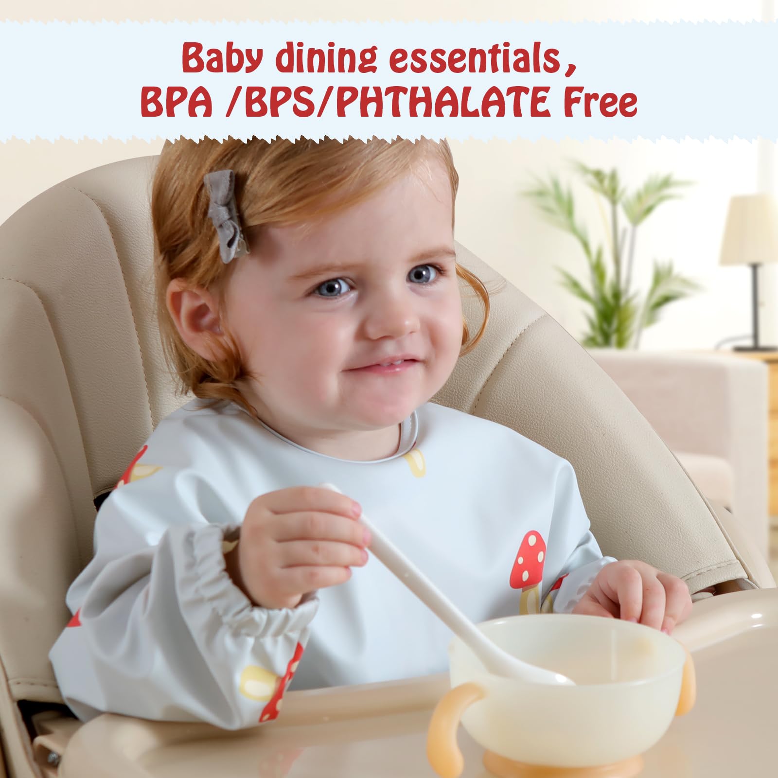 Zemiu Bavaglino per lo Svezzamento/Bavaglino per Bambini, 100% Impermeabile e in Morbido Materiale PU, Lavabile in Lavatrice, Tuta a Maniche Lunghe - Adatto per Bambini da 6 a 30 Mesi
