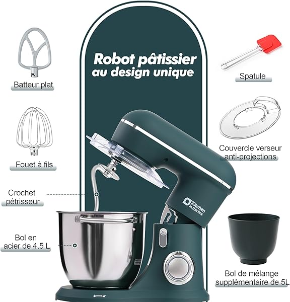 Kitchen in the box Robot Pâtissier, 4.5L+5L 2Bols Robots de Cuisine, 10 Vitesses Batteur Electrique Cuisine, 1300W Pétrin Professionnel avec Fouet, Batteur, Crochet (Vert foncé) - 2