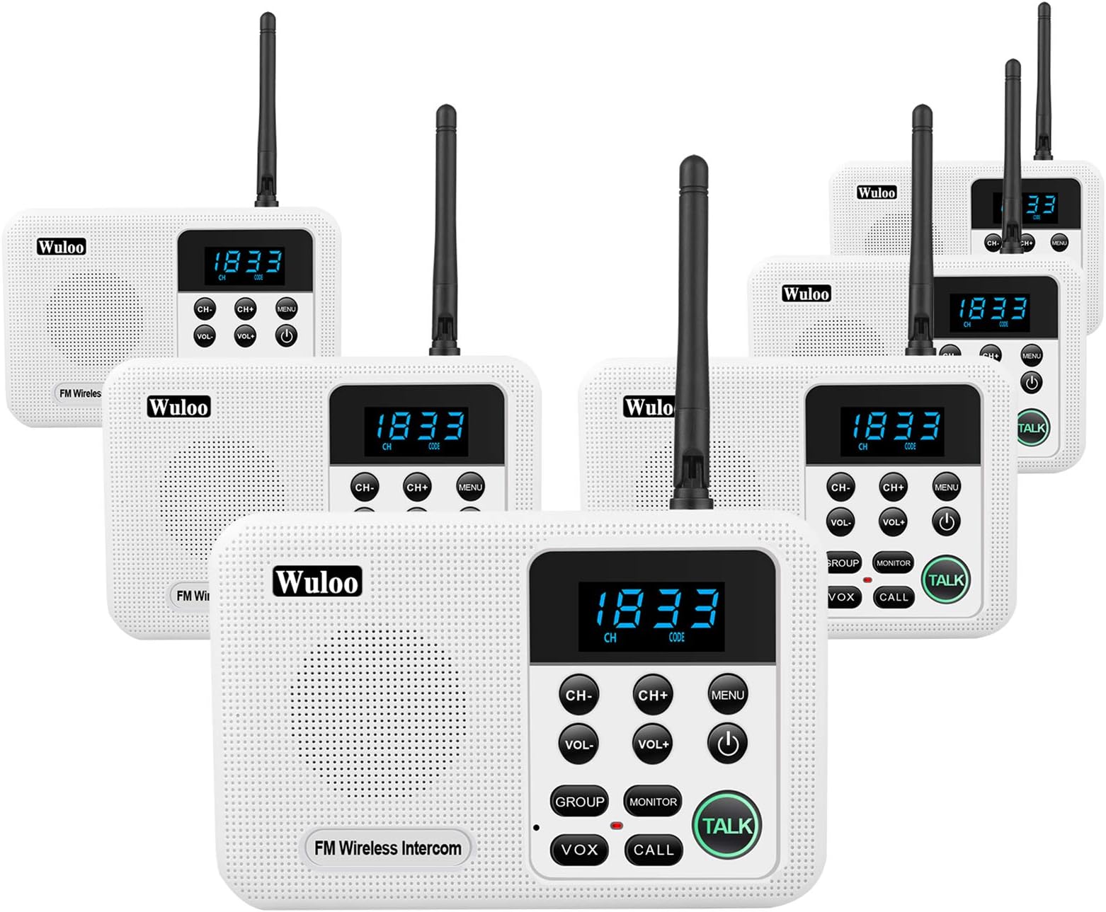 Wuloo Intercoms Wireless for Home 1 Mile Range 22 Channel 100 Digital Code Display Screen, Wireless Intercom System for Home House Business Office, Room to Room Intercom Communication (6 Packs, White)