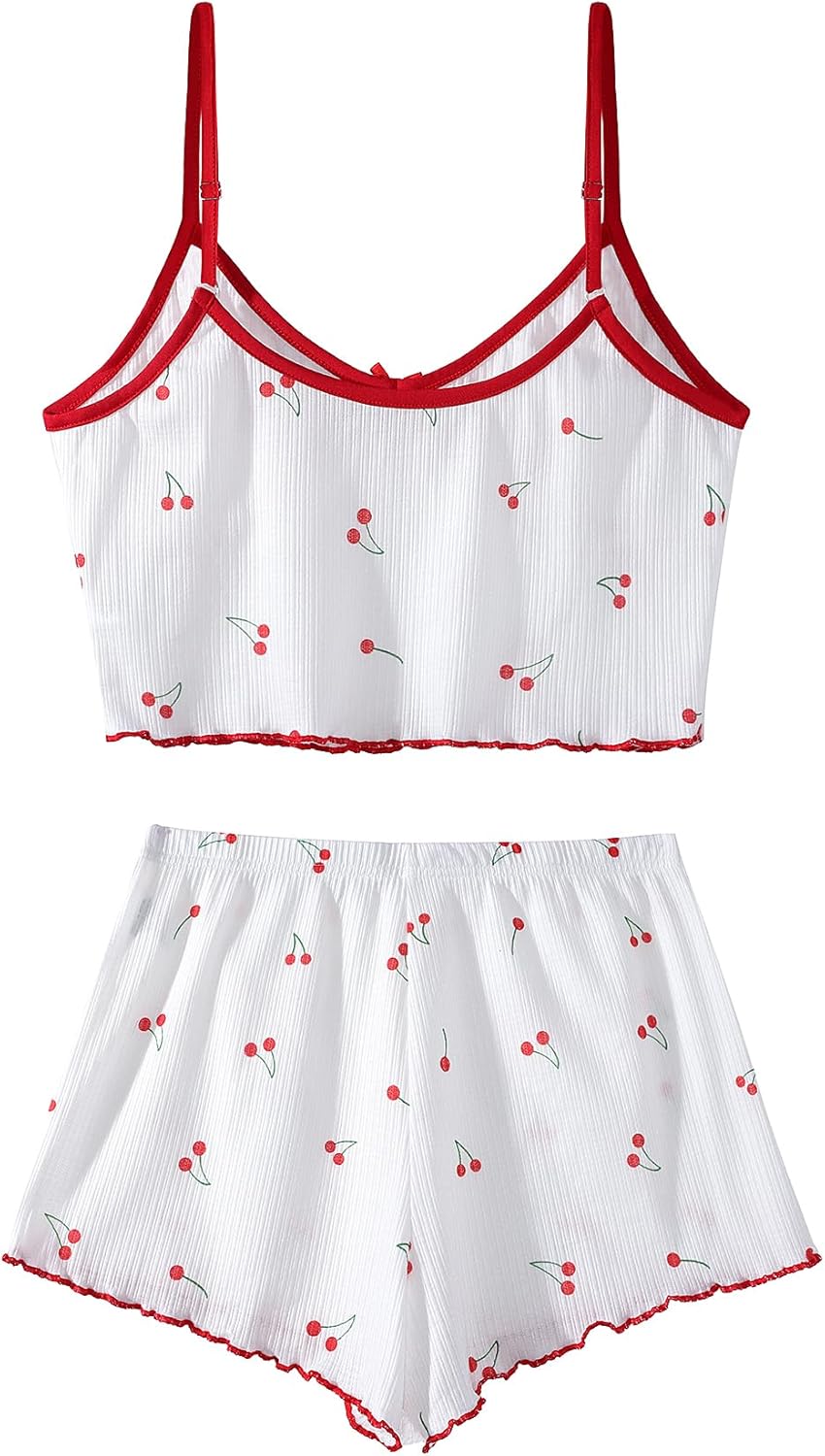 Hilinker Womens Graphic Print Ribbed PJ Set Crop Cami Tops and Shorts Cute Pajamas Set - Image 4