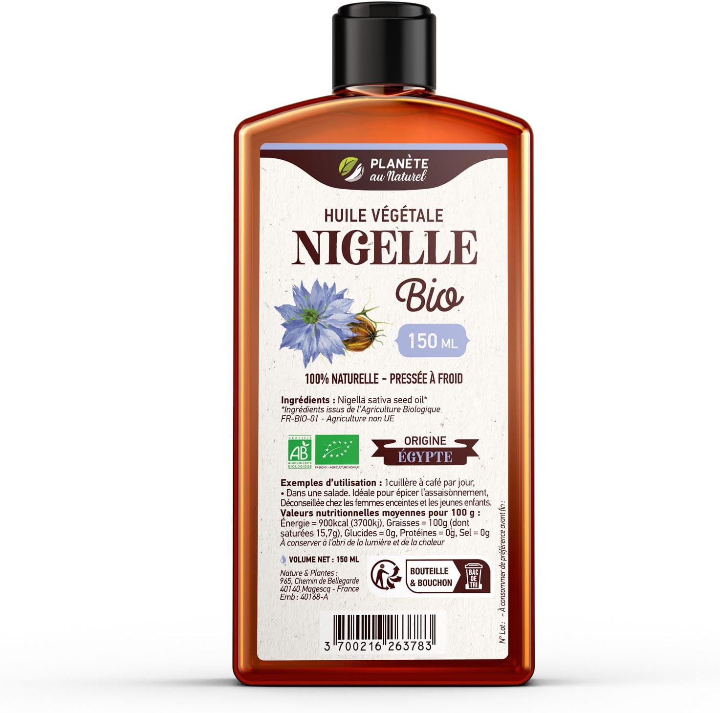 Lubrifié de NIGELLE Bio 150 ml – Monde au Adultérin – Platonique, Naturelle et Bâclée à fraîcheur – Nourrissant – Chevelure, Collectivité, Ongles