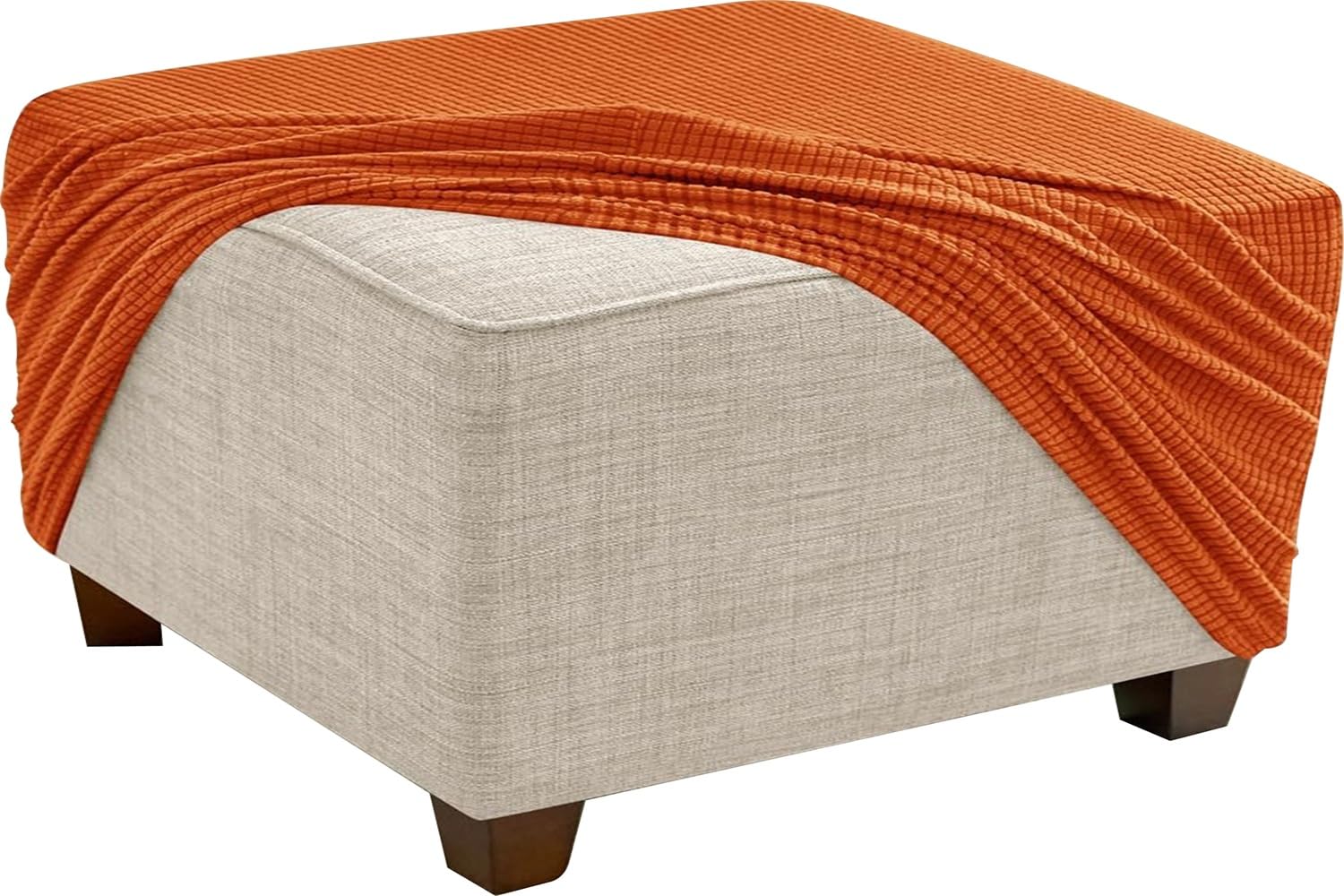 Stretch Ottoman Cover Slipcovers Square 35x35 45x45 65x65 90x90 100x100 Cm Thick Checked Jacquard Fabric Footstool Footrest Protector With Elastic Bottom For Living Room Removable Washable(Orange,44"/