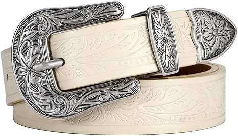 SANSTHS Western Belt For Women, Womens Cowboy Belt For Pants Jeans With Vintage Floral Carved Design