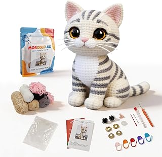 Morcolplus 초보자 및 성인을 위한 현실적인 고양이 크로셰 키트, 귀여운 아미구루미 실버 태비 스타터 키트, 비디오 튜토리얼 및 모든 재료 포함, 고양이 애호가를 위한 DIY 선물