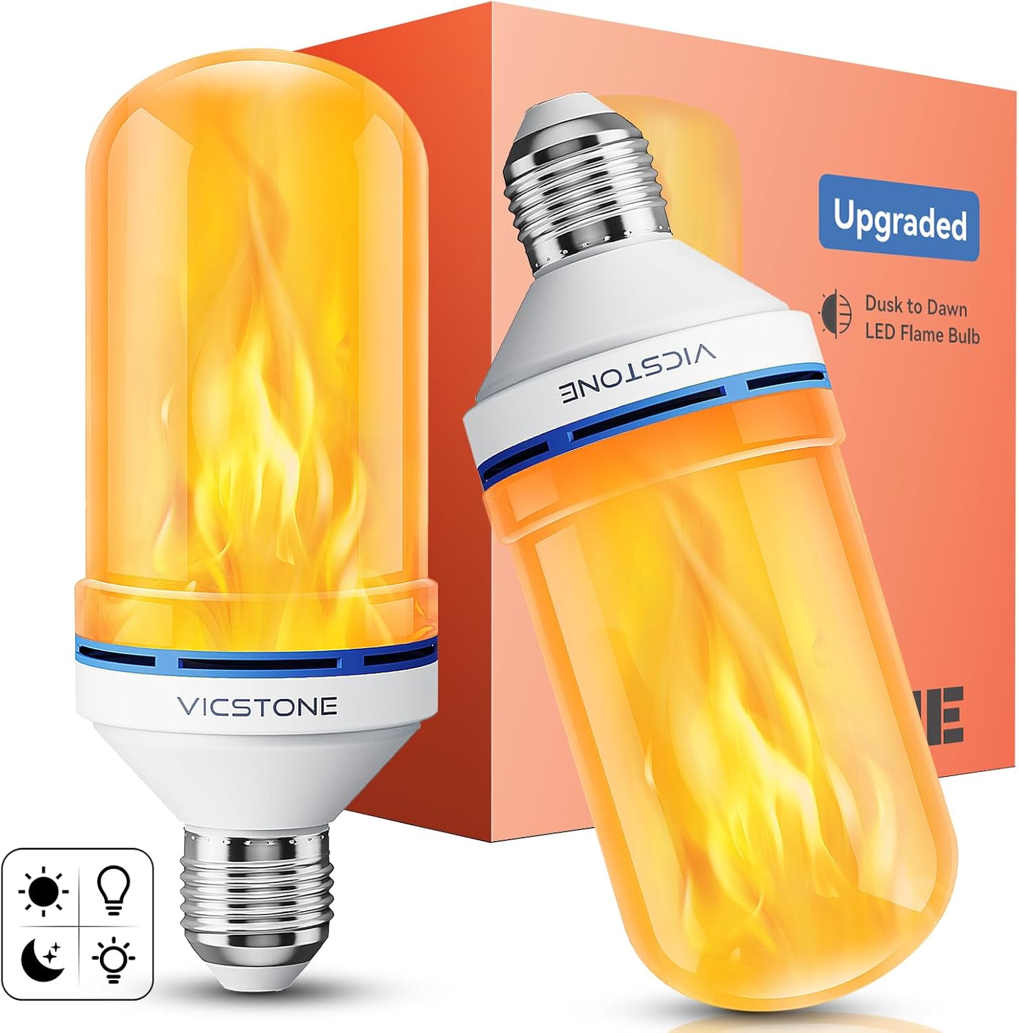 Vicstone Dusk to Dawn LED Flame Light Bulbs Outdoor, 4 Modes E26 Flickering Light Bulbs with Upside Down Effect, Fire Bulb for Halloween Christmas Patio Porch Party Home Indoor Decorations - 4