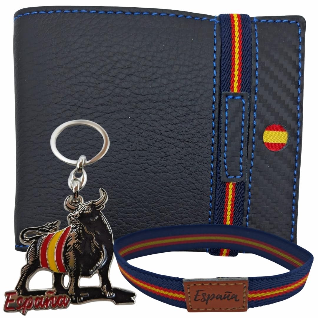 Cartera de Piel para Hombre Hecha artesanalmente en Ubrique Hombres y jóvenes, Incluye Llavero y Pulsera de temática española. (76 Negro Tira Grabado Hilo Azul)