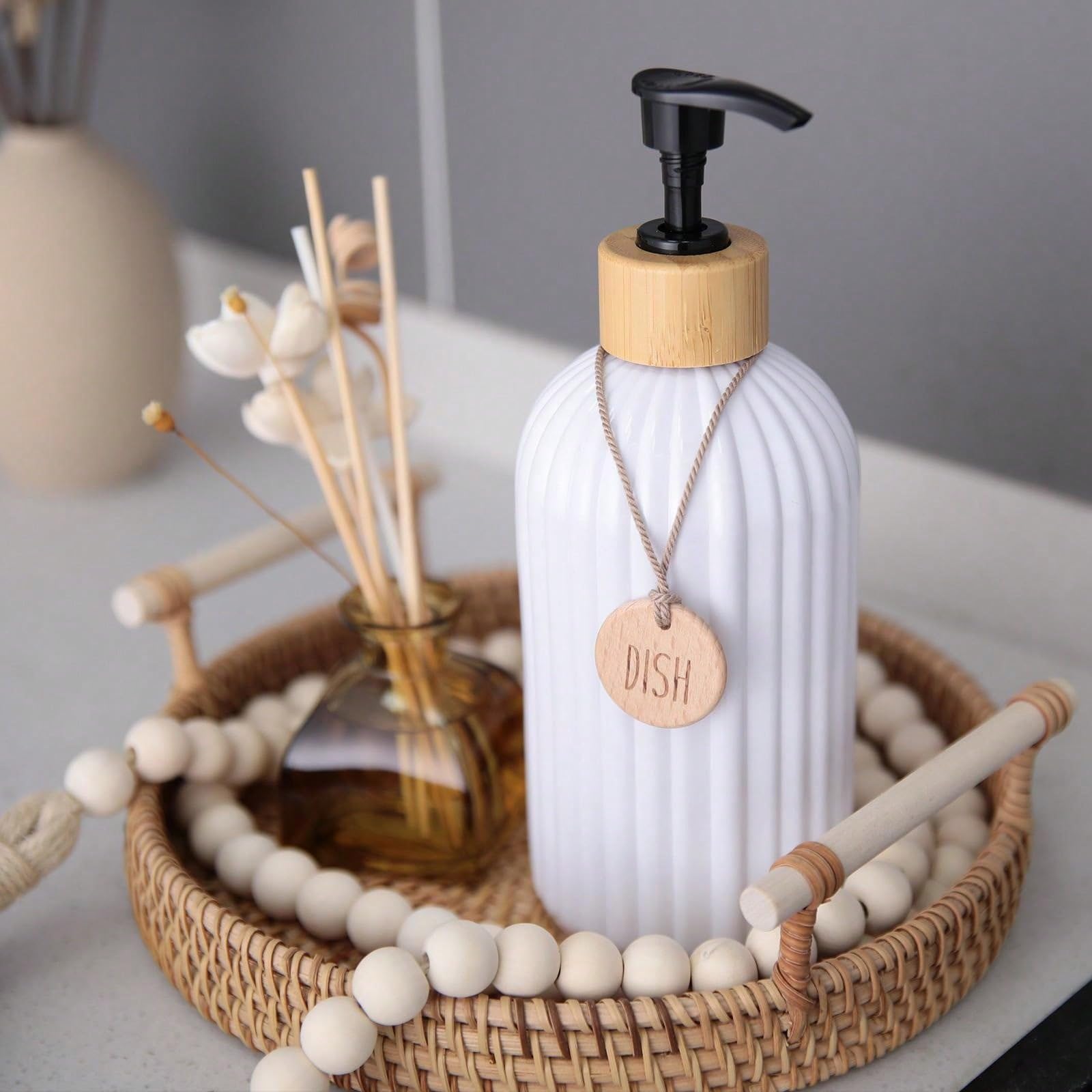 Set da bagno in travertino LUNIS - Dispenser di sapone ricaricabile da 8 once, portasapone, portaspazzolino e barattolo portaoggetti con vassoio per il trucco - Pietra di marmo - Italia