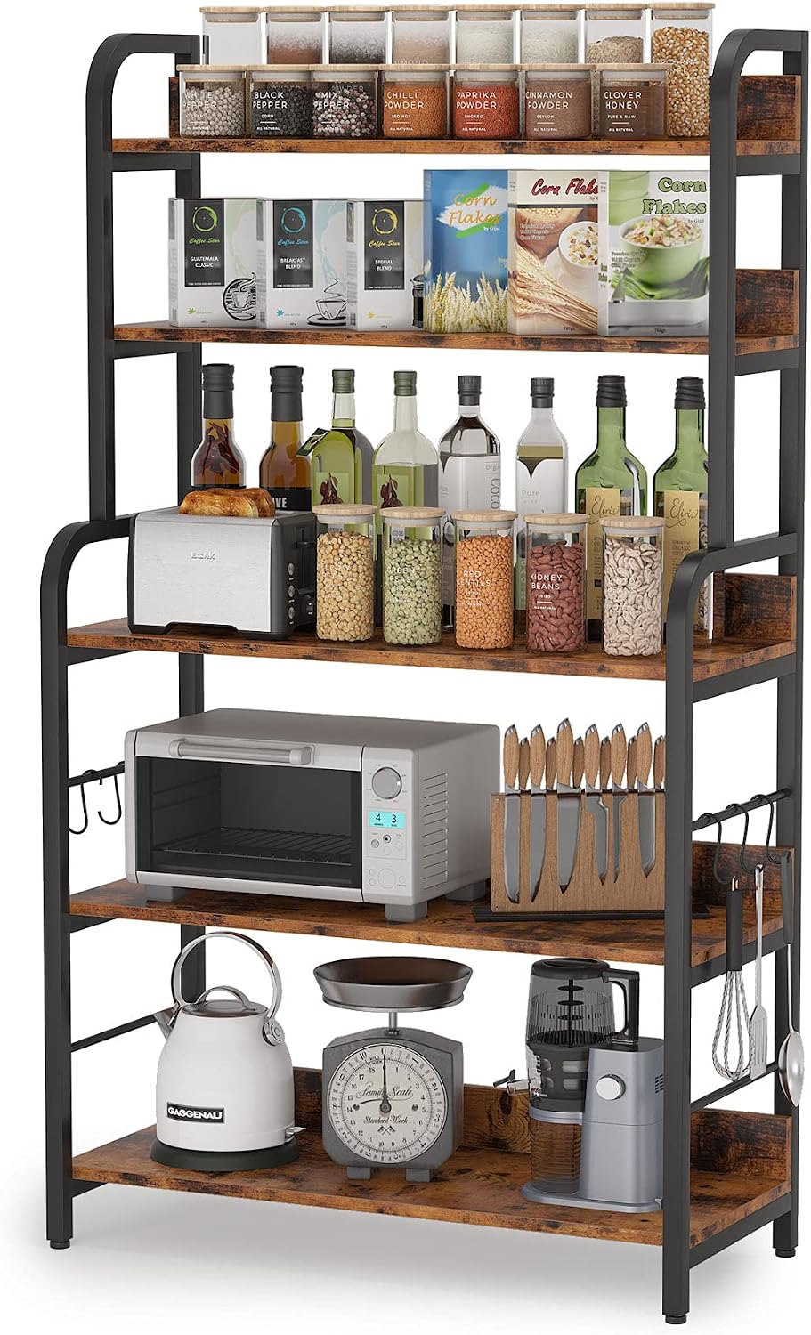 Tribesigns Industrial Kitchen Baker’s Rack with 6 Hooks, 5-Tier Utility Cart Storage Shelf, Microwave Oven Stand Rack, Floor Standing Spice Rack Organizer Workstation, Brown