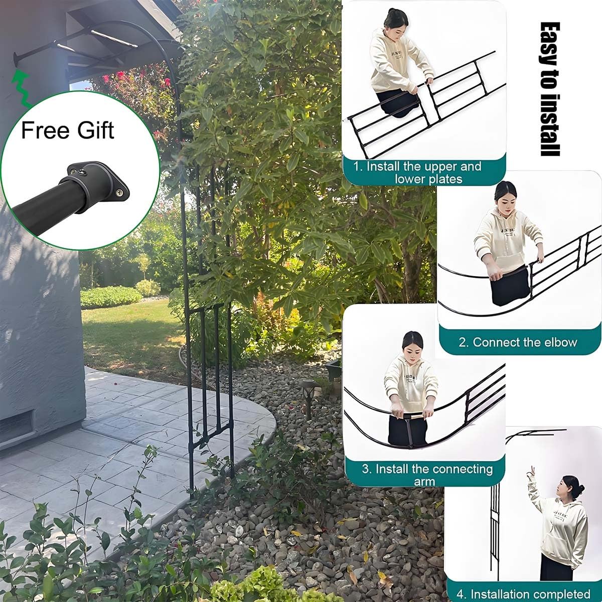 Demi Arche Arceau à Rosiers Tuteur pour Vignes Grimpantes, Arche de Jardin Demi-Mur Latéral Tonnelle Support pour Plantes Grimpantes Exterieur Pelouse Patio 240cm 267cm(Black,75x267x60cm)