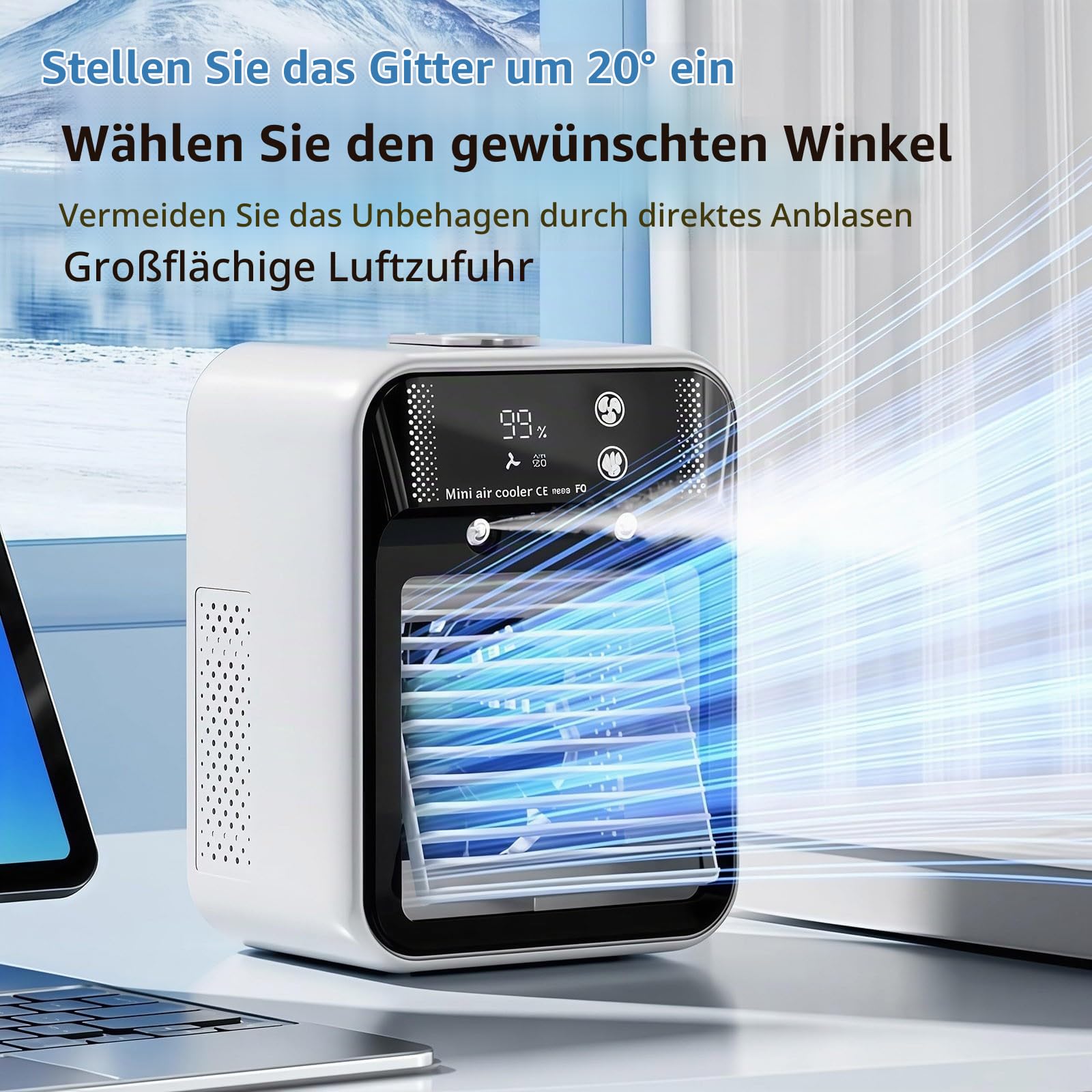 Mobile Klimaanlage ohne Abluftschlauch, Tragbare Mini Tisch Klimagerät, Luftkühler mit Wasserkühlung Leise, Ventilator mit Kühlung, Portable Air Conditioner, Air Cooler, Verdunstungskühler Raumkühler