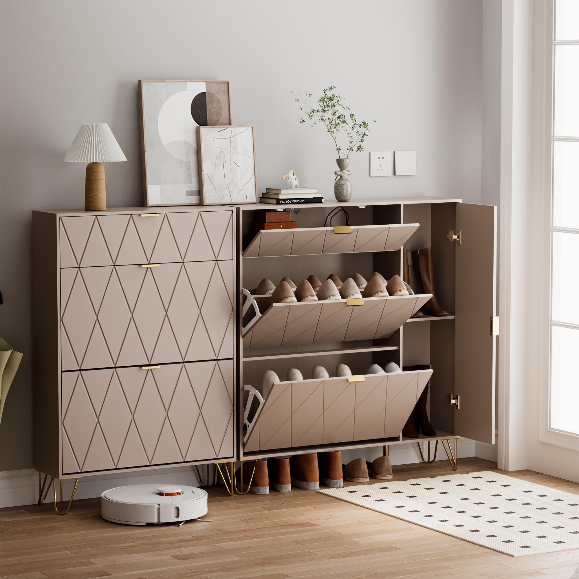 UEV Schuhschrank mit 2 Klappen und 2 Türen, 105x24x120cm, mit Kippschutz/Trennwand verstellbar, Schuhkommode, Schuhkipper schmal, Schrank Flur platzsparend Moka